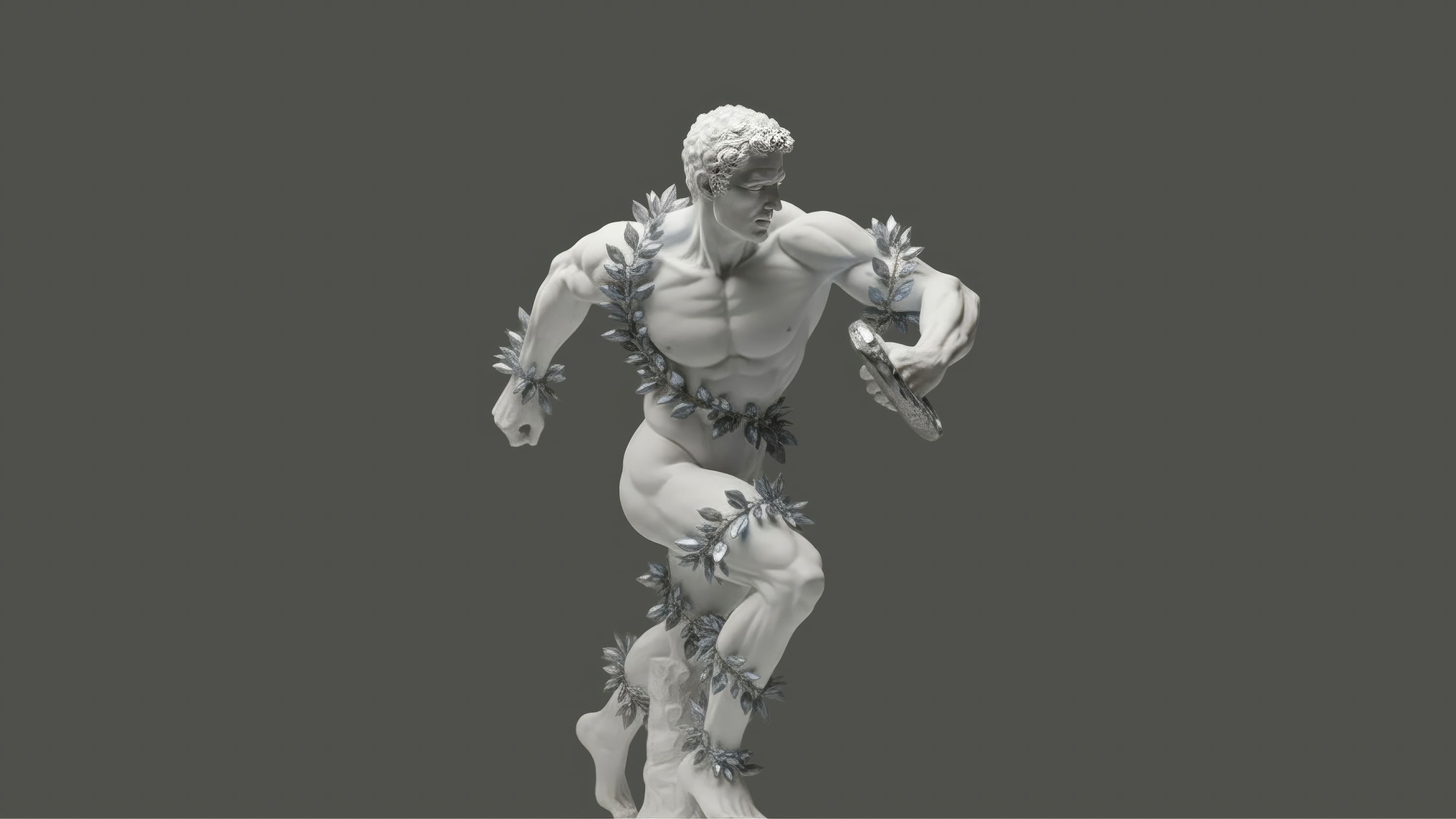 White marble sculpture of a muscular figure in motion, adorned with silver laurel leaves, holding a discus.