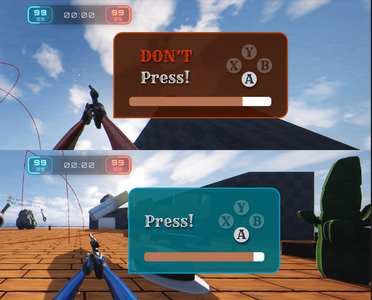 A game with a split screen UI, with each screen showing a minigame popup with the words "Press!" and a button or "Don't press!" and a highlighted button.