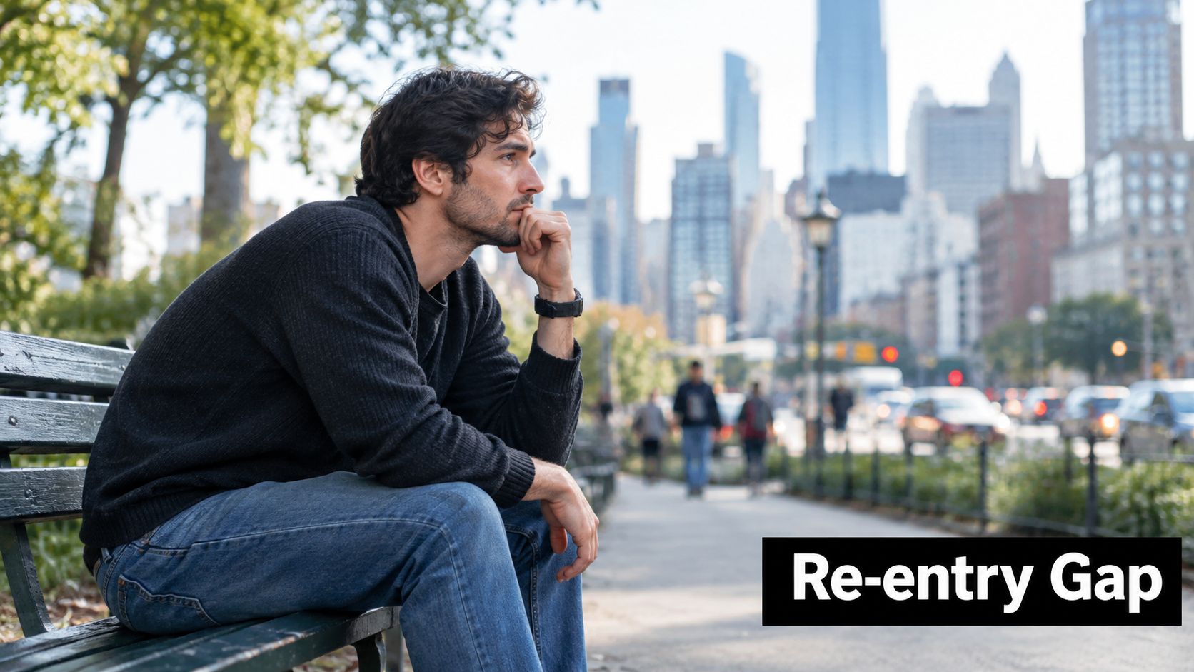A contemplative man sitting on a park bench in a city, symbolizing personal growth and self-reflection.