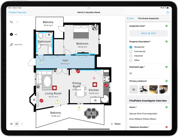 magic plan fire scene inspection showing an annotated floor plan, evidence markers, and investigator details