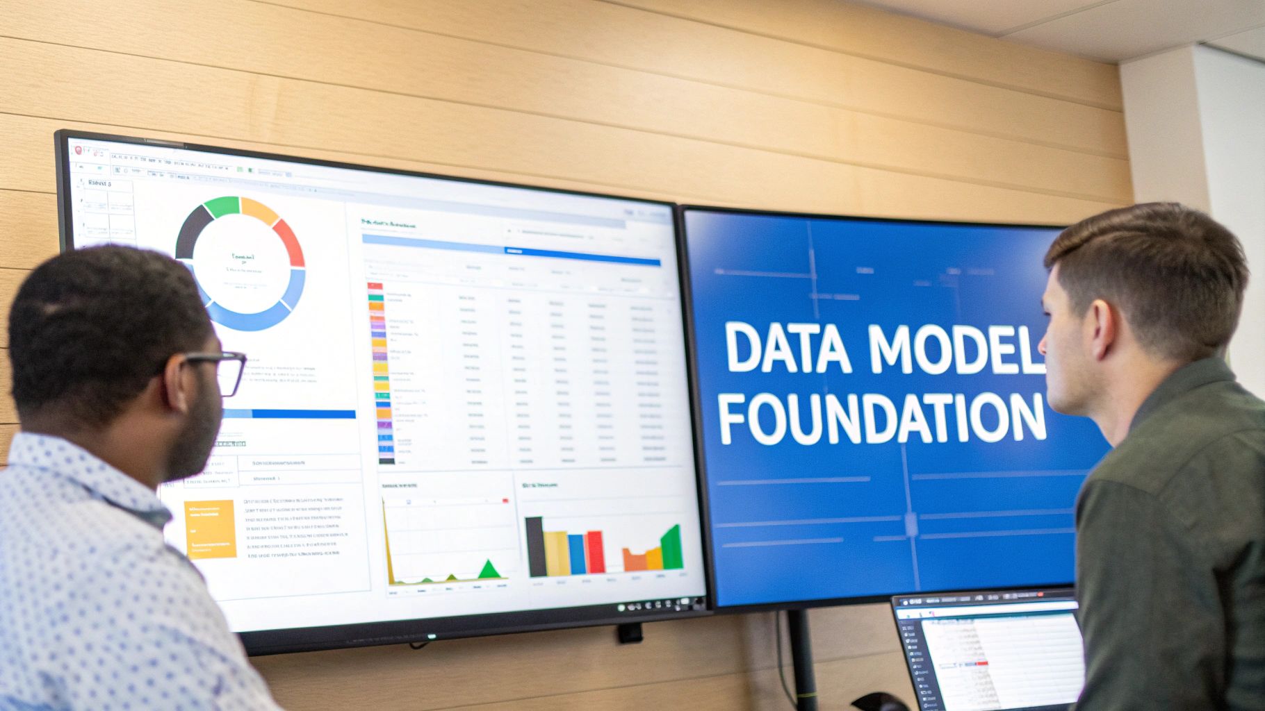 Two men analyze data on large screens, one showing charts, the other 'DATA MODEL FOUNDATION'.