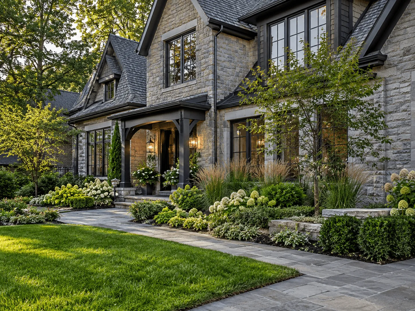 Stone house with a landscaped front walk and layered planted borders