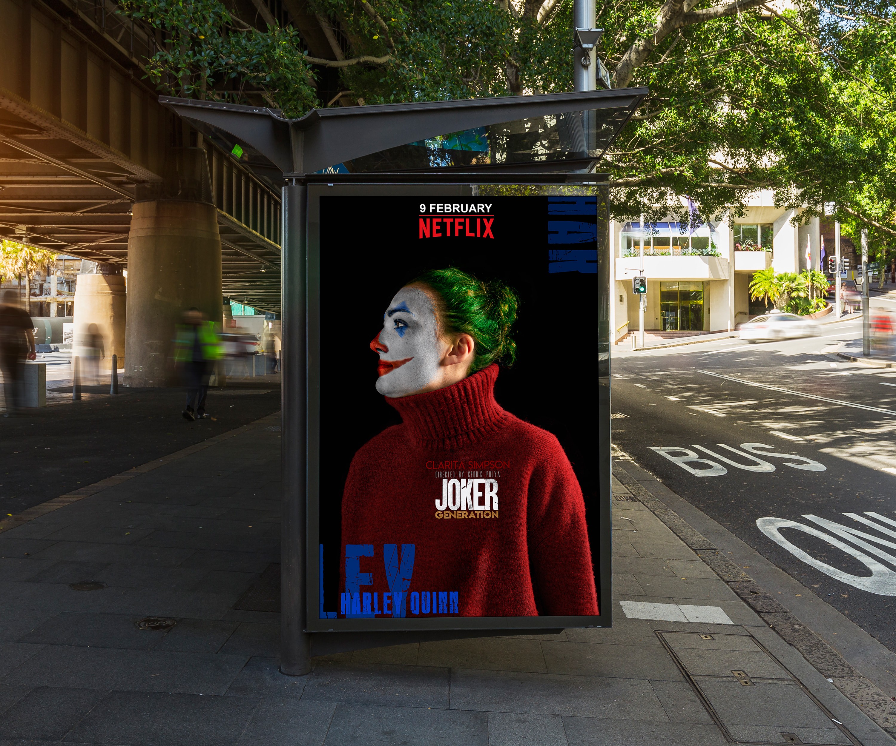 mockup of a dark editorial portrait of a woman in Joker-inspired makeup with bold typography