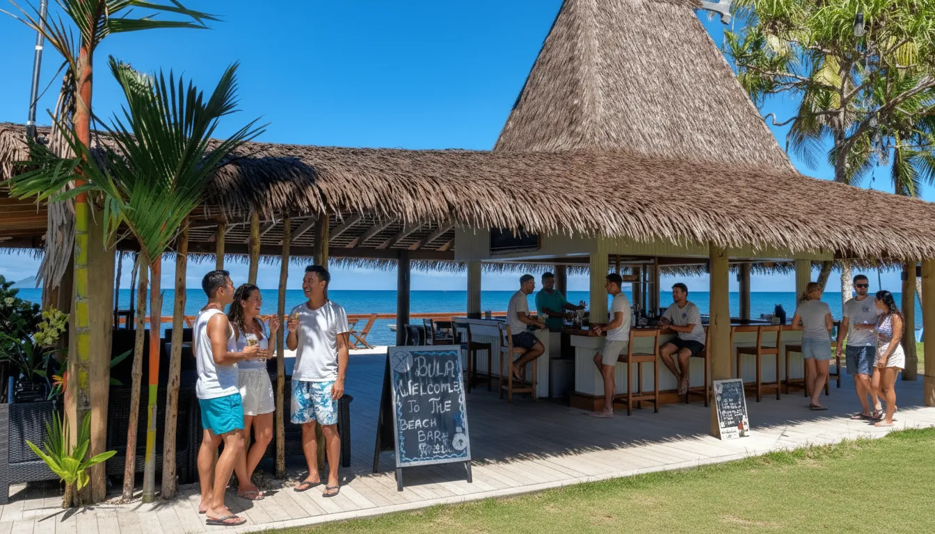 Guests enjoy drinks at the thatched-roof beachfront bar at Uprising Beach Resort, Pacific Harbour Fiji, with ocean views.