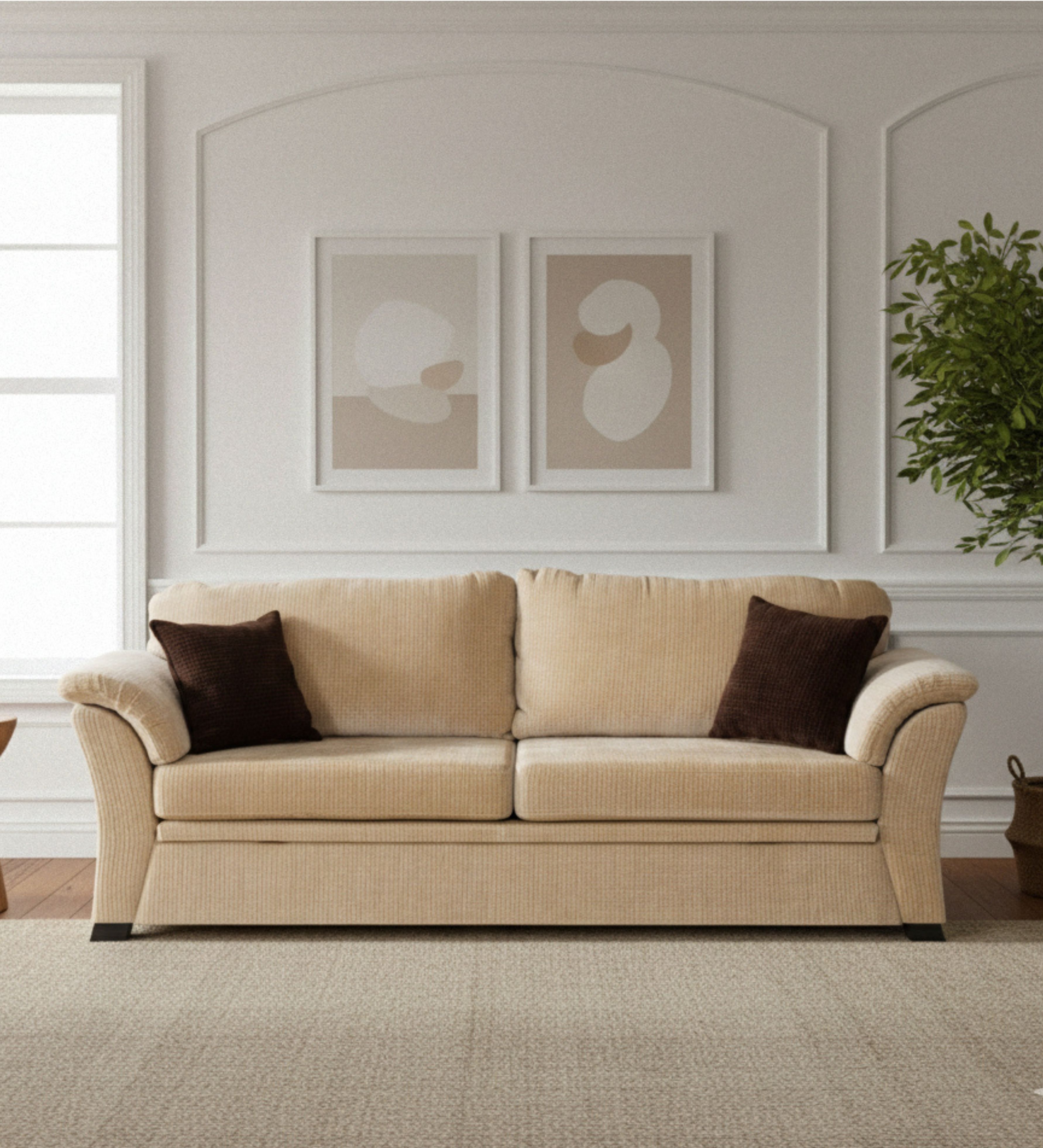 A generously proportioned three‑seater with broad armrests and layered accent cushions.