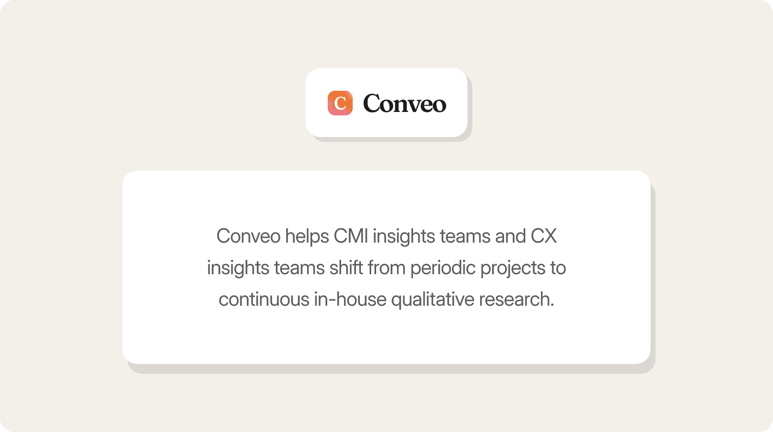Graphic featuring the Conveo logo — an orange "C" icon — above a white card on a beige background, with the text: "Conveo helps CMI insights teams and CX insights teams shift from periodic projects to continuous in-house qualitative research."