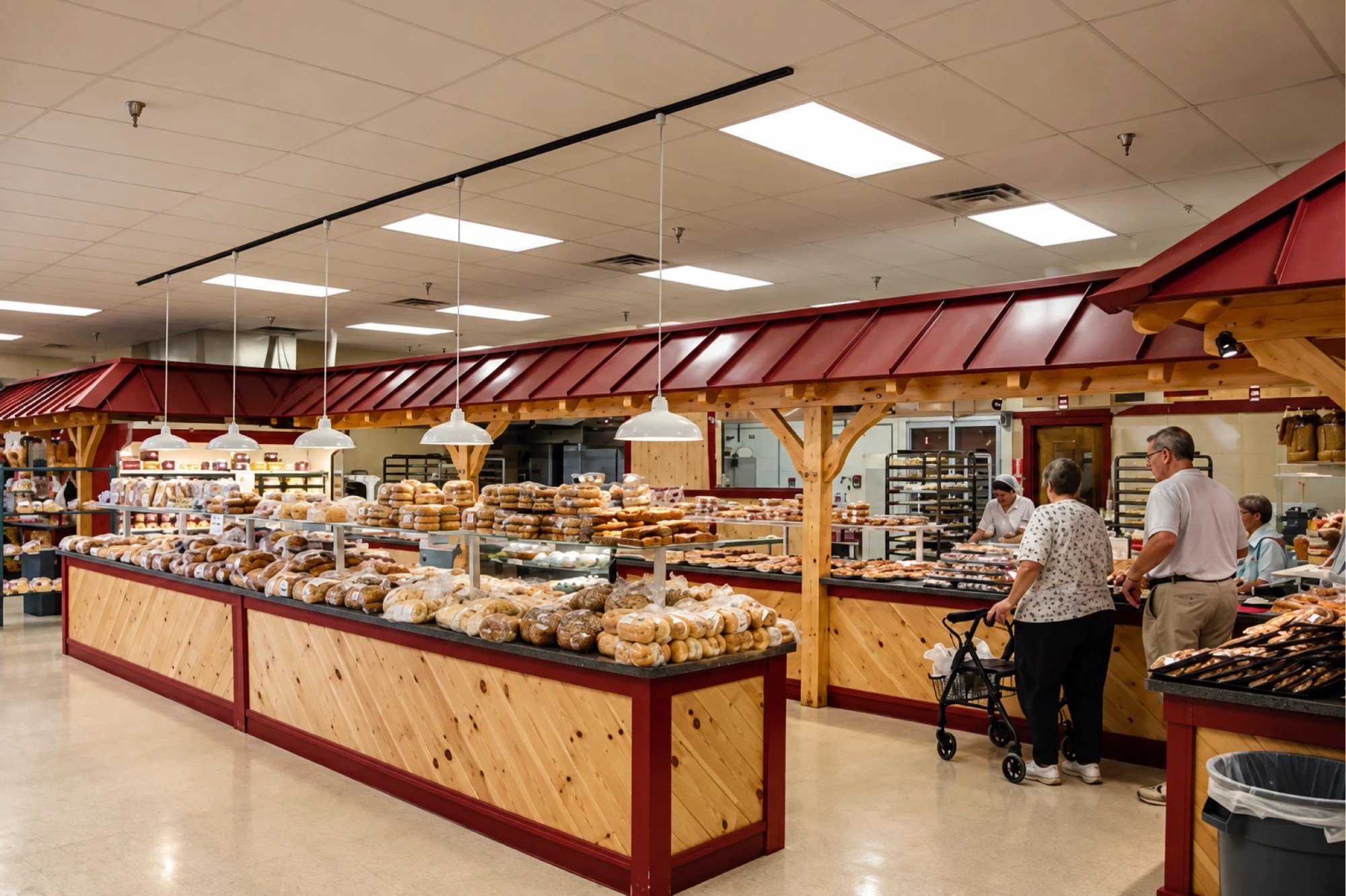 Inside Amish Market: the bakery counters, with shoppers and staff at the service area