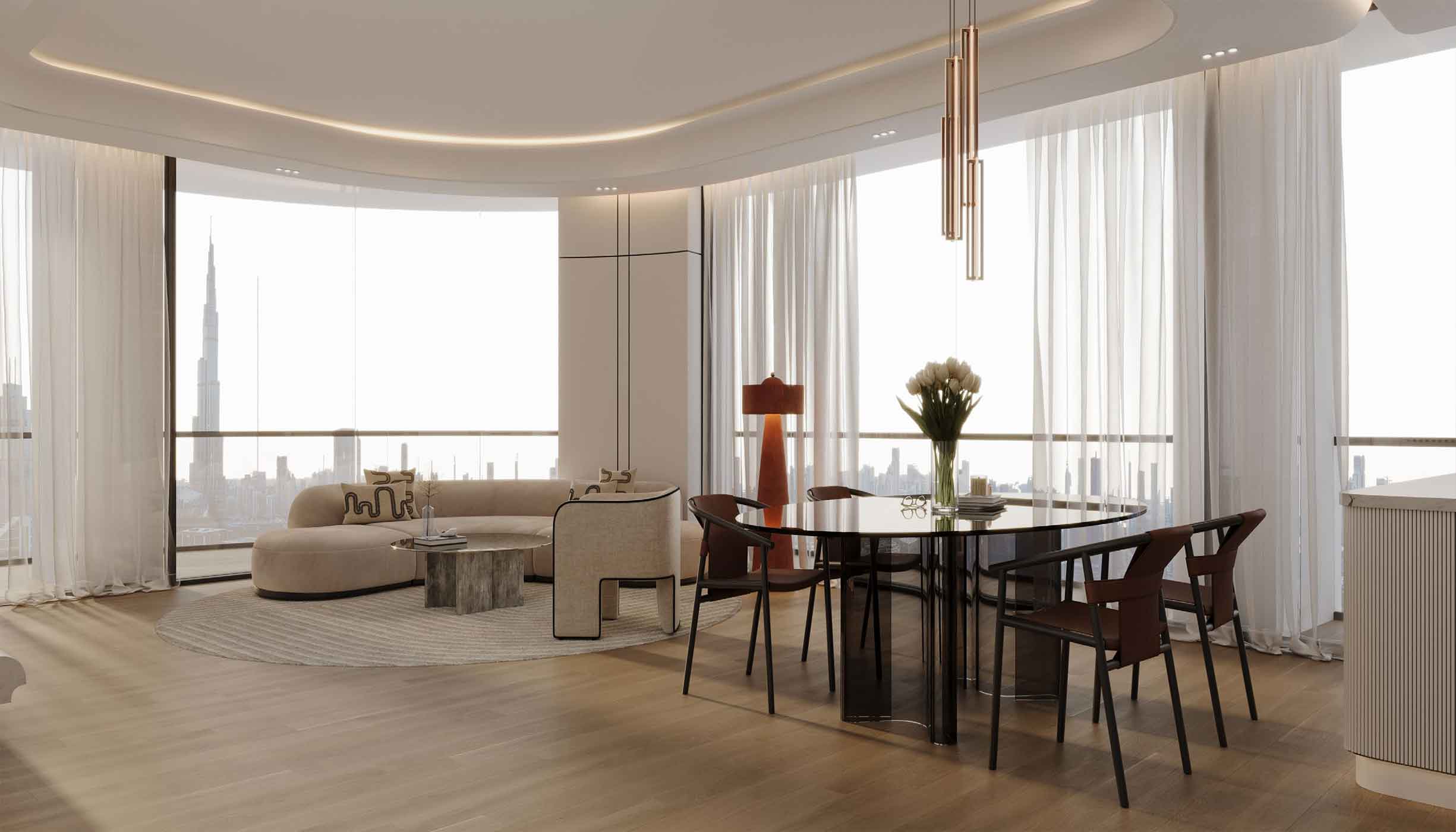 Stylish living room showcasing white furniture, blue accents, and large windows revealing sky terraces.