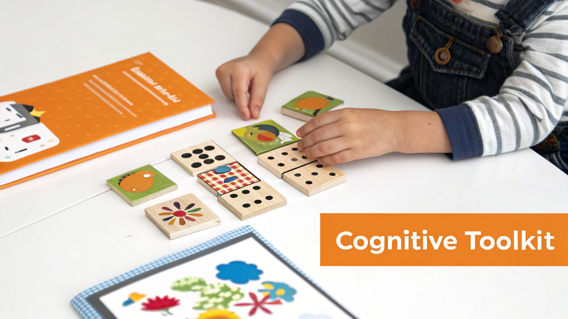 A child's hands engaging with educational wooden dominoes and colorful tiles on a white table, part of a cognitive toolkit.