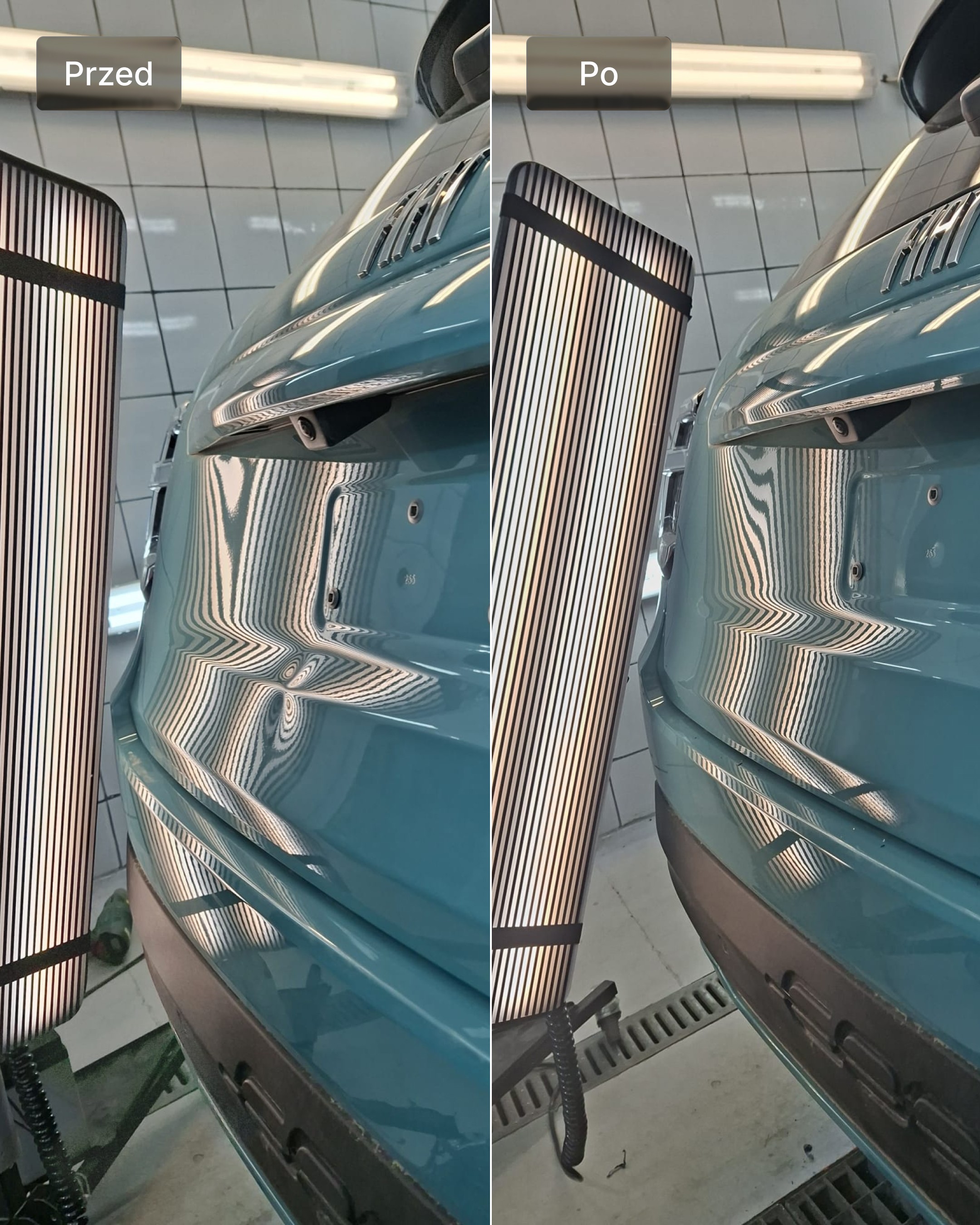 Wgniecenie na tylnym błotniku BMW przed i po naprawie metodą PDR