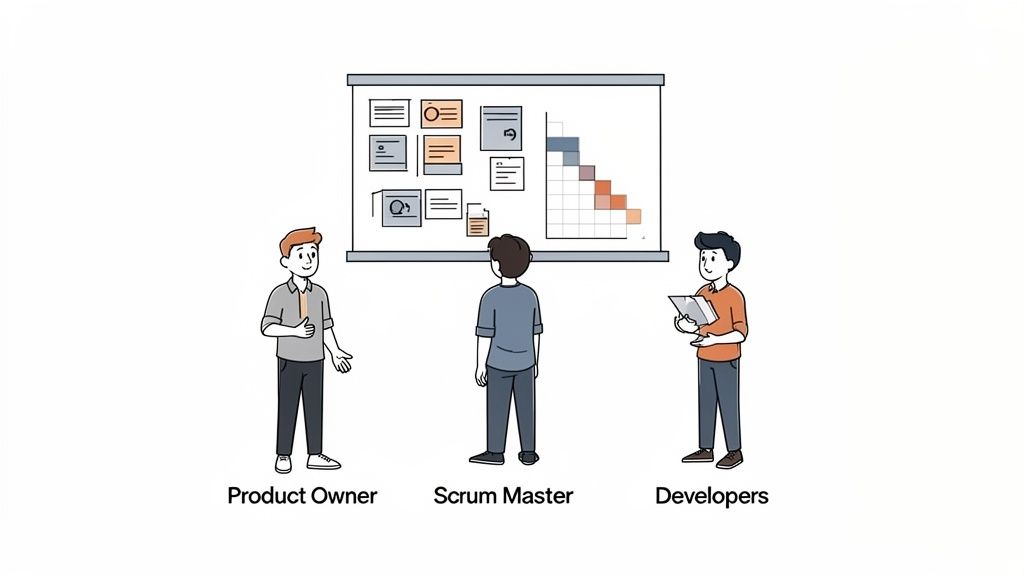 An agile project team with Product Owner, Scrum Master, and Developers reviewing a project board.