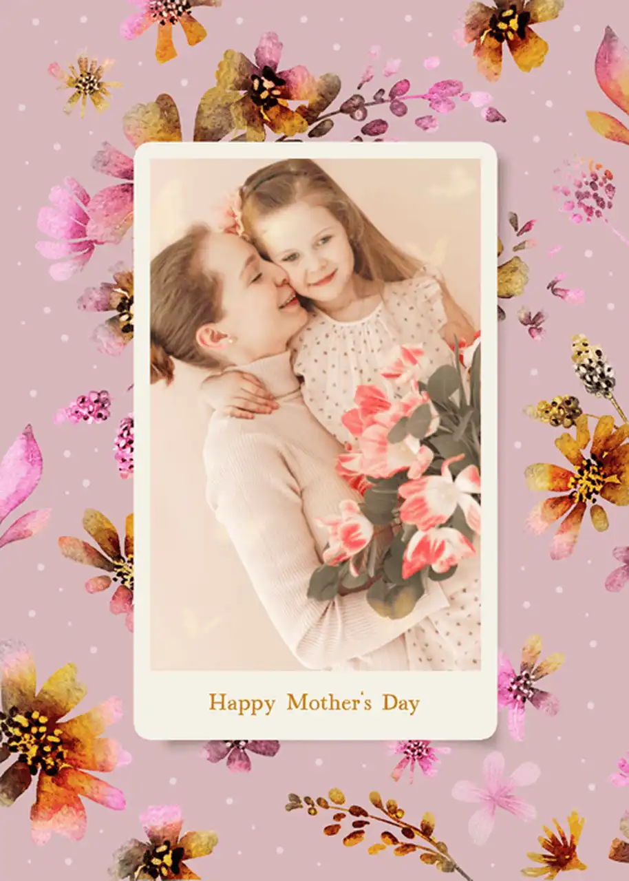 Floral pink 'Happy Mother's Day' card template with a photo of a mom holding her daughter