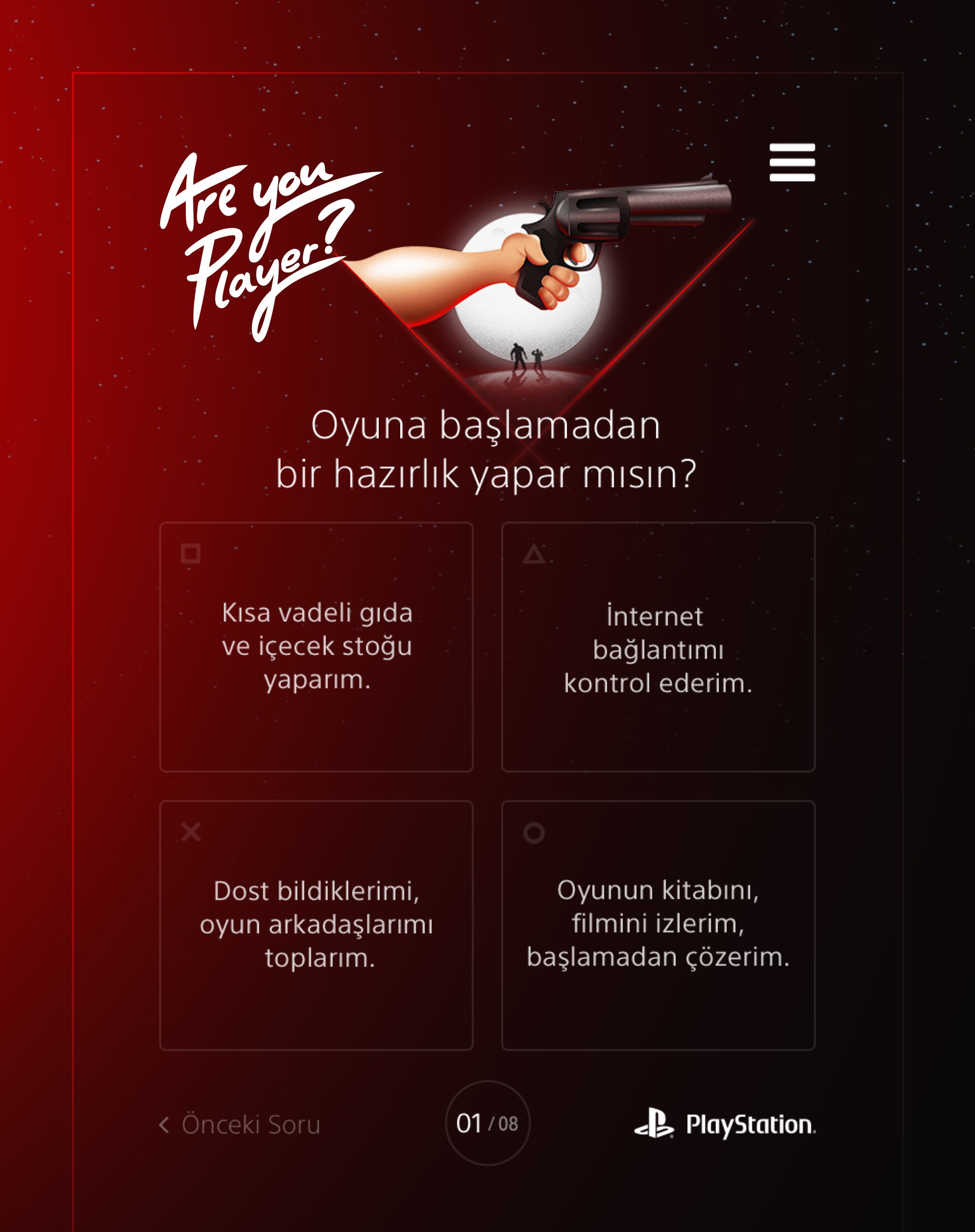 PlayStation – Are You Player? interactive quiz showing first question with illustrated revolver-wielding arm and red sci-fi background; UI by Burak Canpolat.