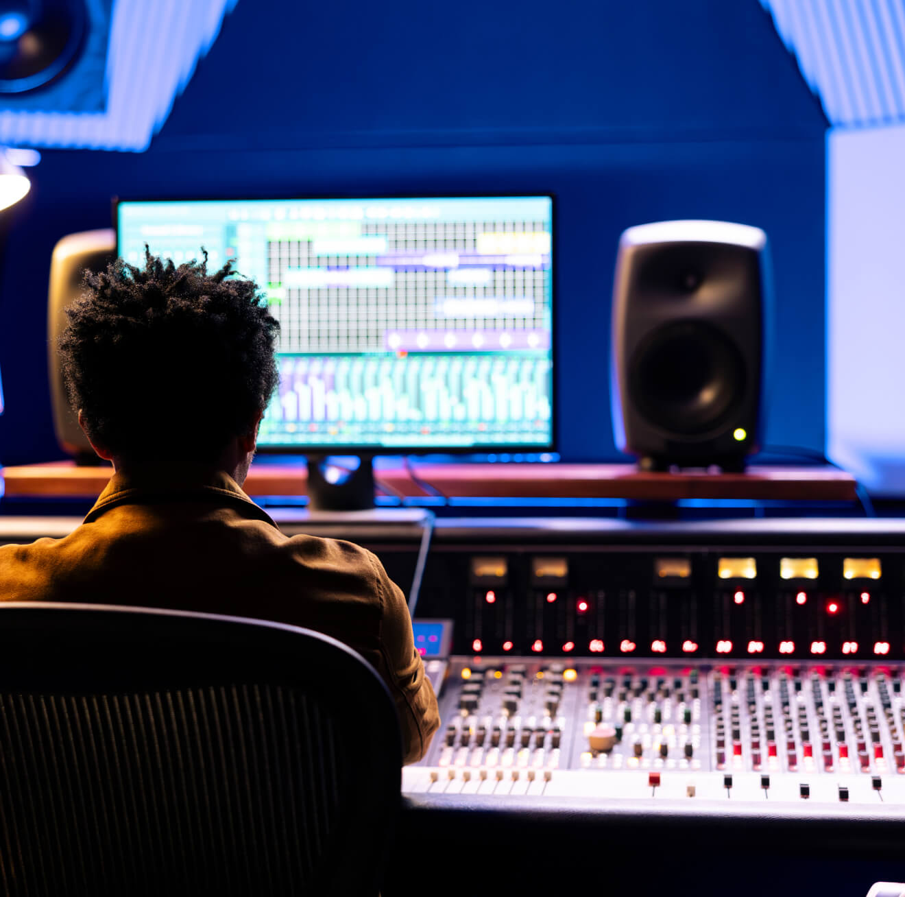 A person sits in a recording studio, focused on a computer screen with sound mixer controls in the foreground.