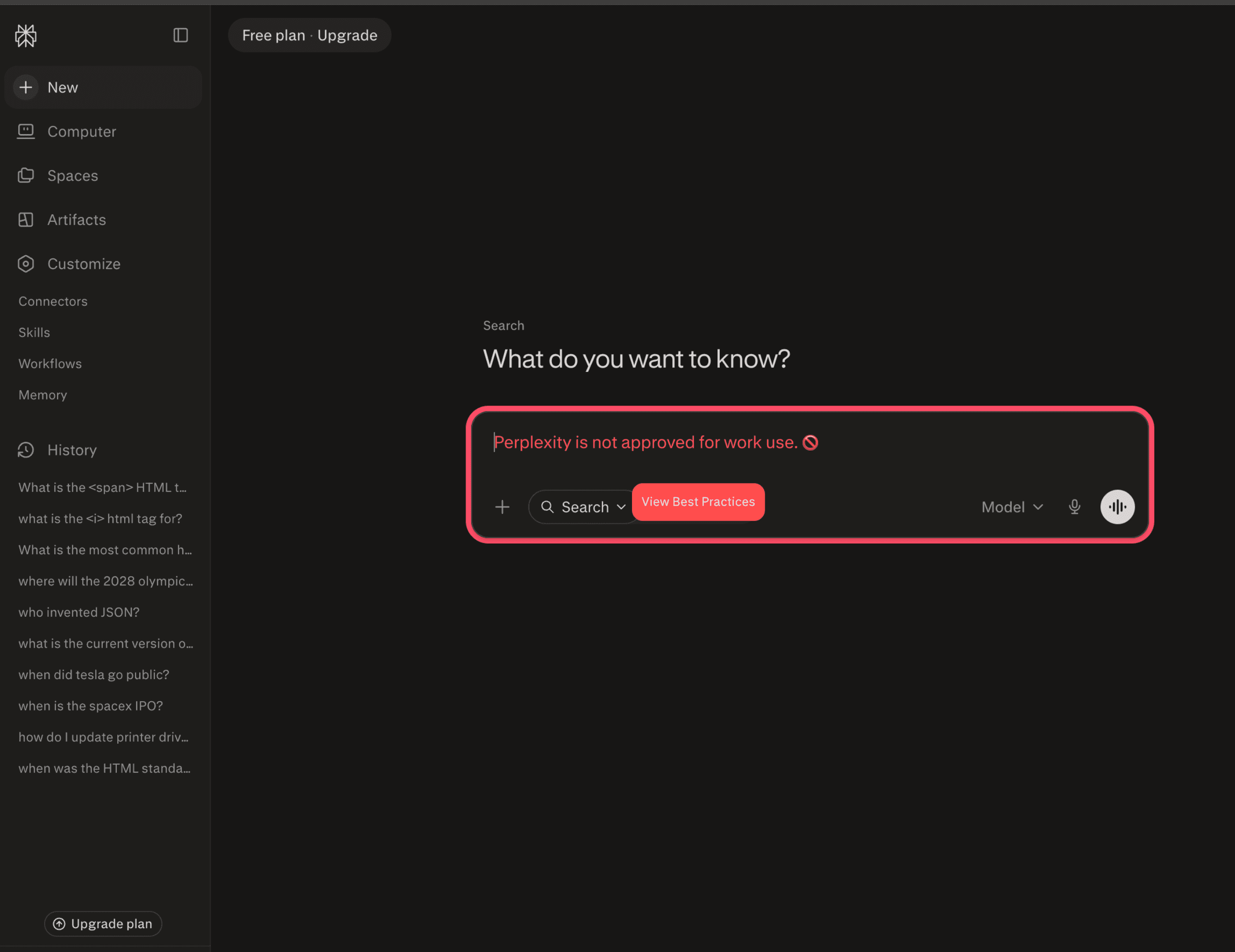 Perplexity search interface showing a red-bordered warning box that reads "Perplexity is not approved for work use" with a "View Best Practices" button.