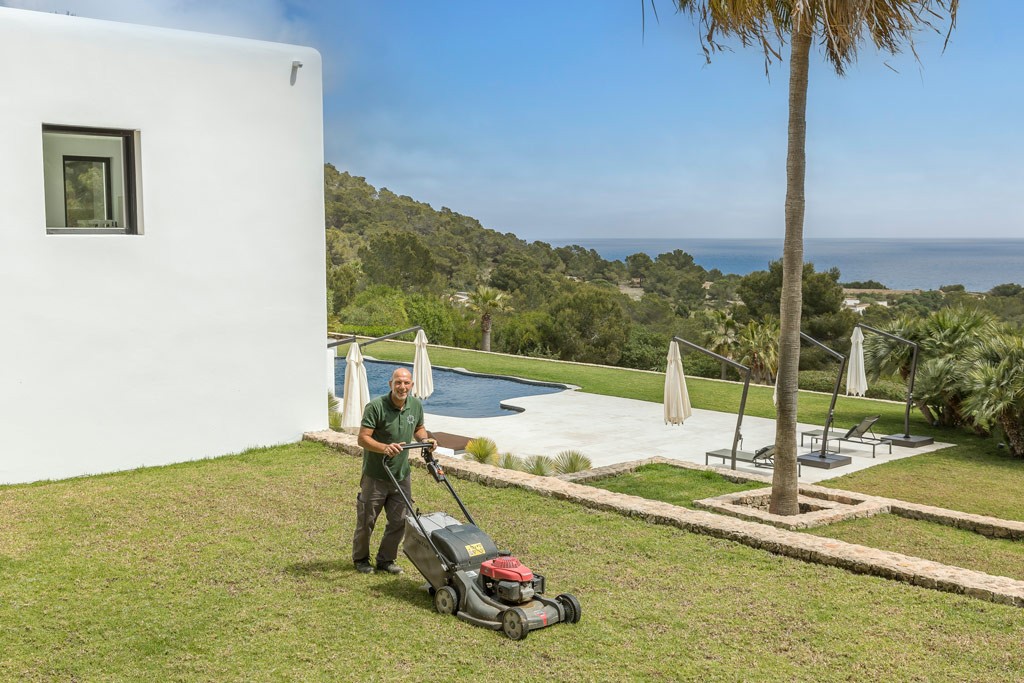 Private estate gardens and pool maintained to pristine standards with Mediterranean landscaping and sea views.