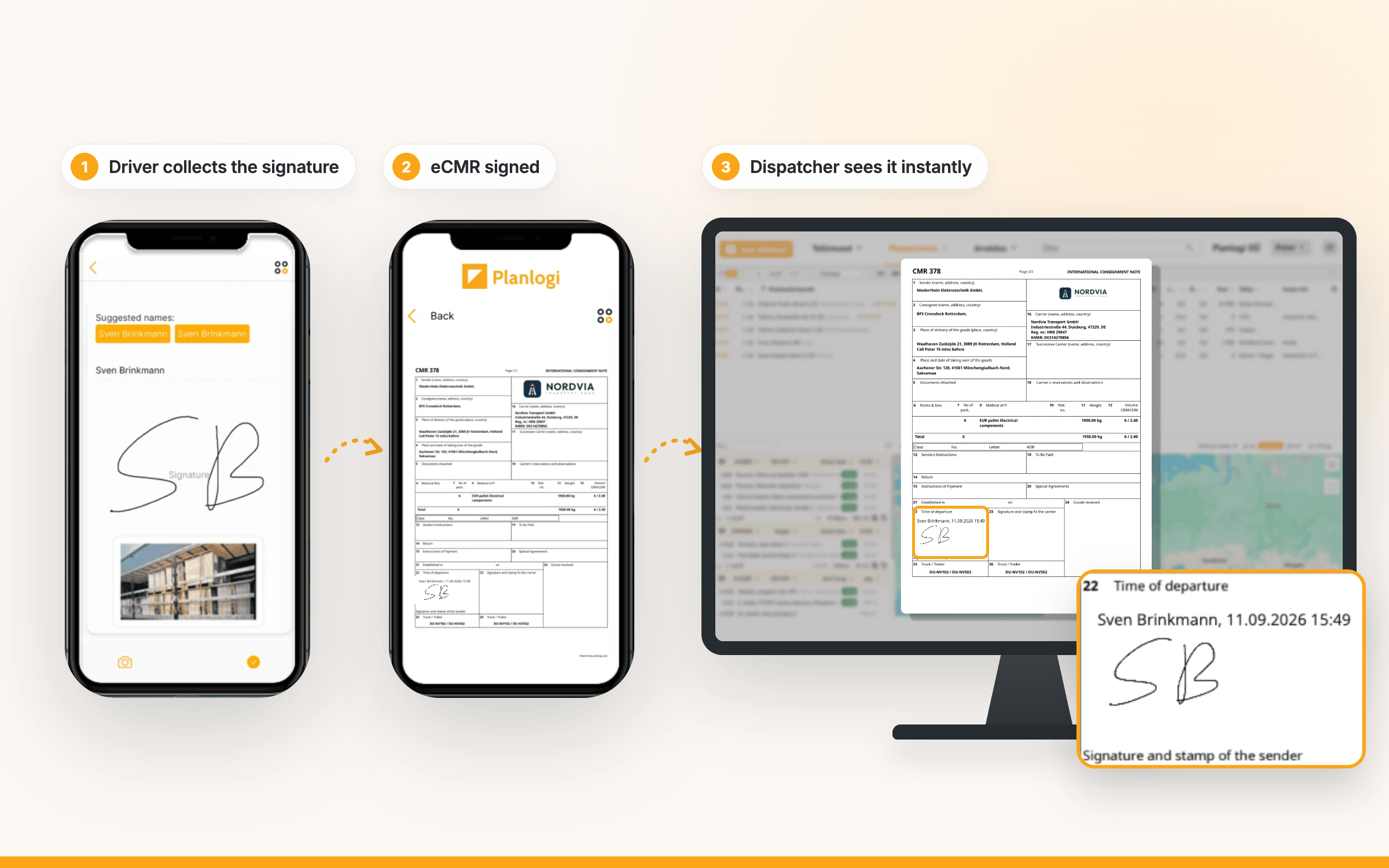 Planlogi eCMR: the consignee signs in the driver app and the signed eCMR appears in the dispatcher's view straight away