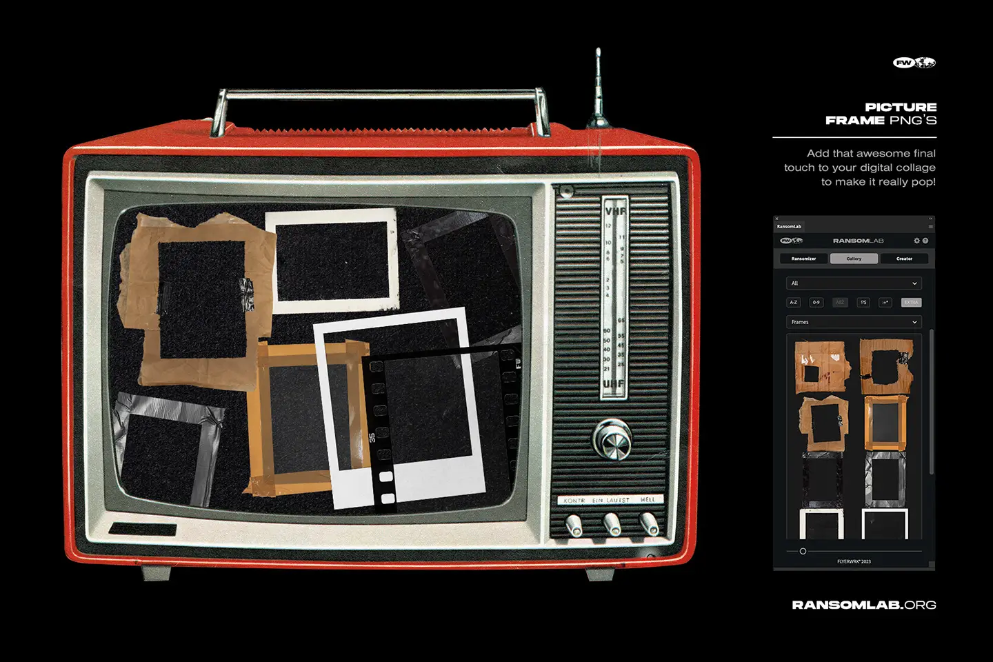 RansomLab picture frame PNG set displayed on a vintage television with various cardboard and tape textures