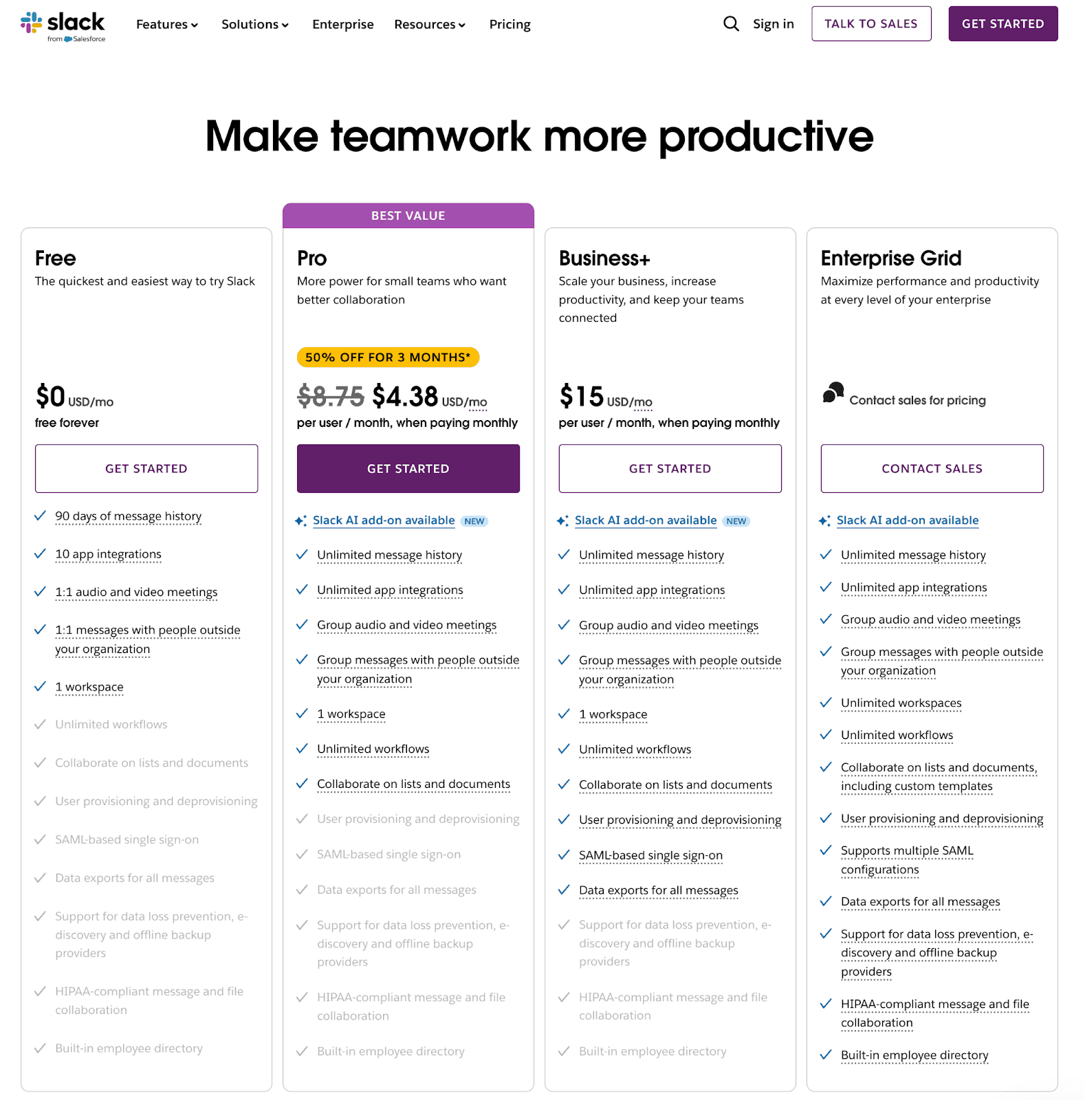 Slack’s 2025 pricing plans comparison and features table.