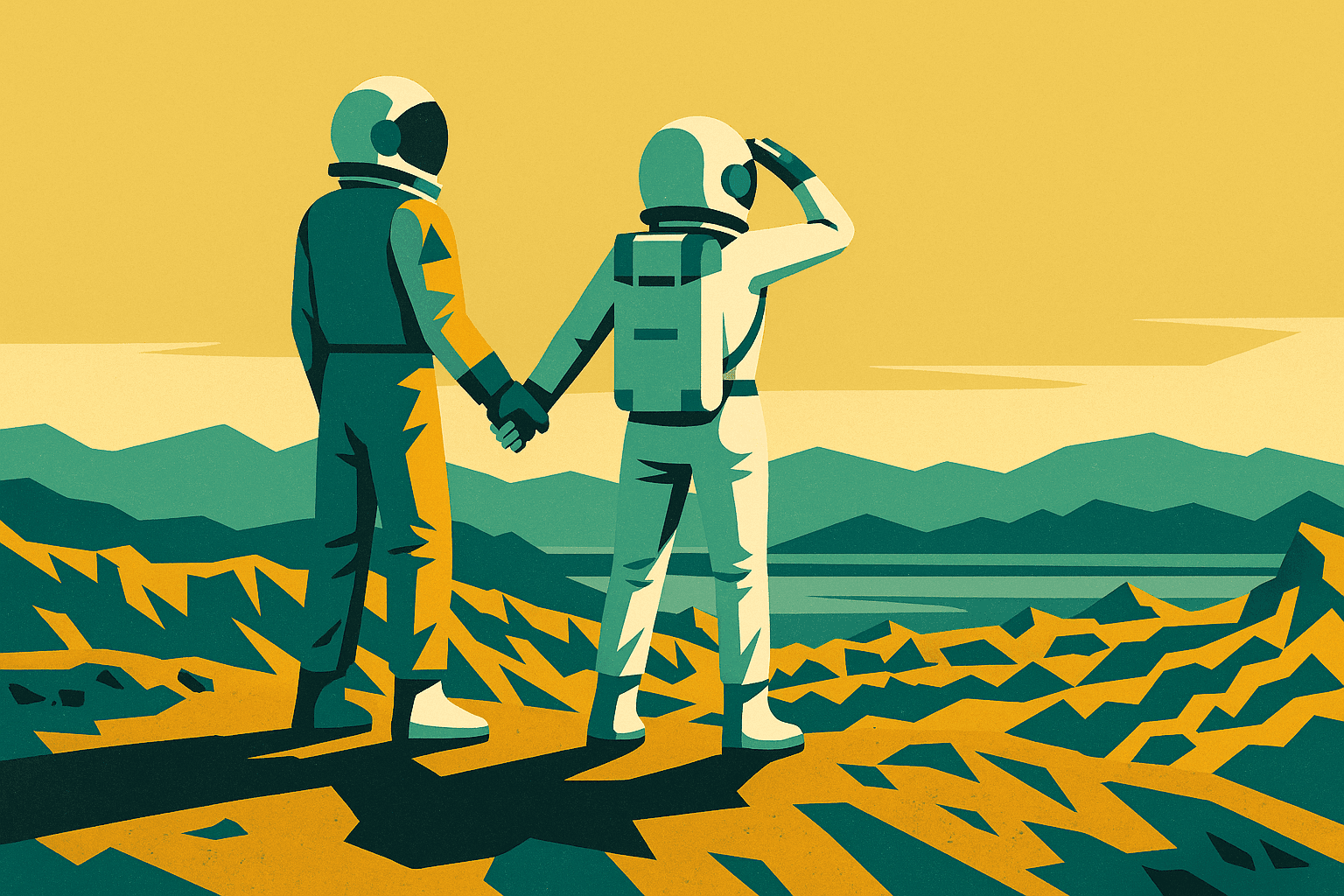 Due astronauti in tuta spaziale che si tengono per mano guardando l'orizzonte di un paesaggio alieno con montagne