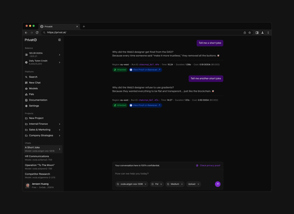 Desktop UI design of the PrivatAI landing page displayed on a MacBook Pro. Features a sophisticated "Hello, Stranger" welcome screen for a secure AI chat interface, emphasizing verifiable privacy and end-to-end encryption in a dark mode aesthetic.