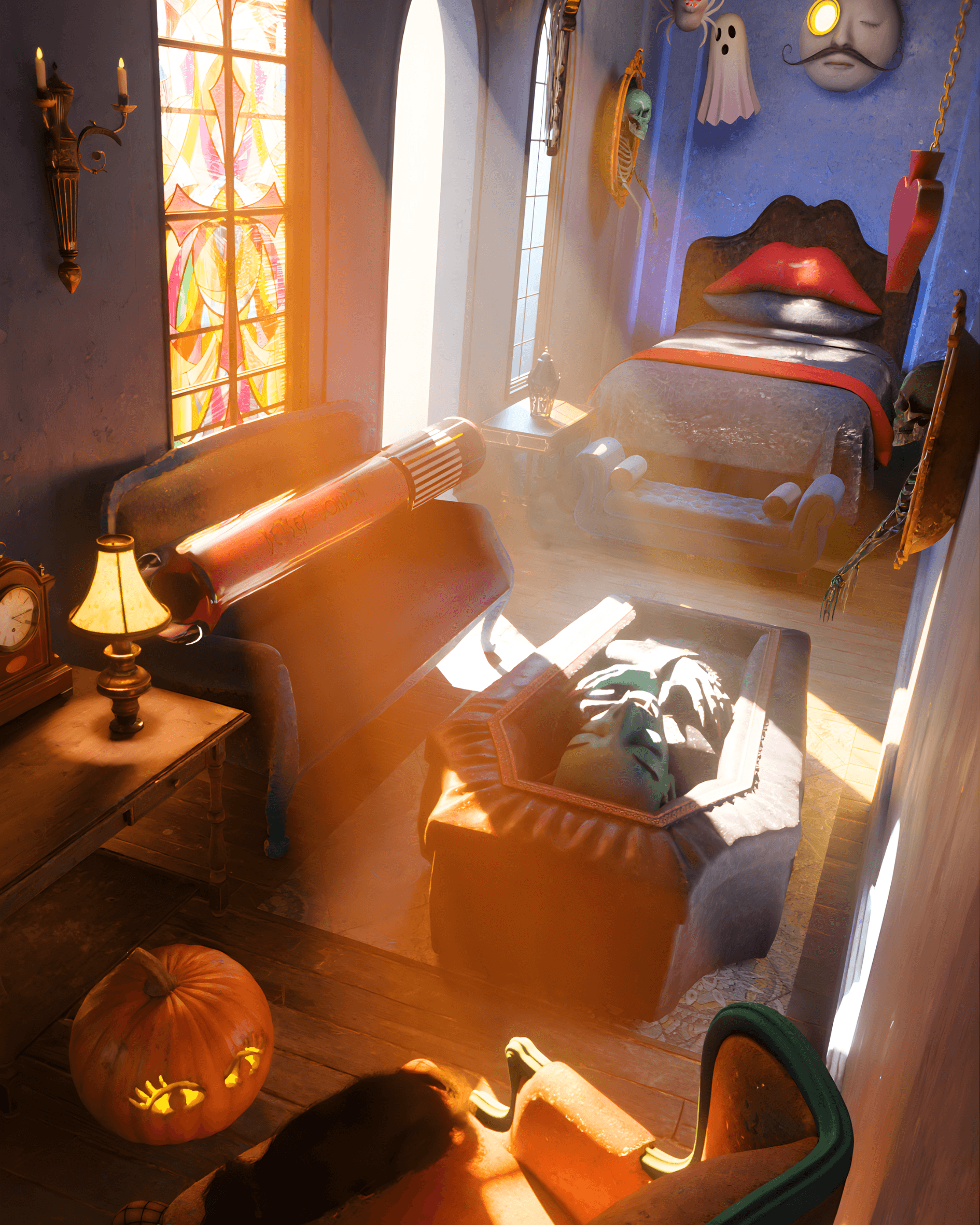 Sunlight streams into a gothic bedroom featuring a coffin in the center and a jack-o'-lantern