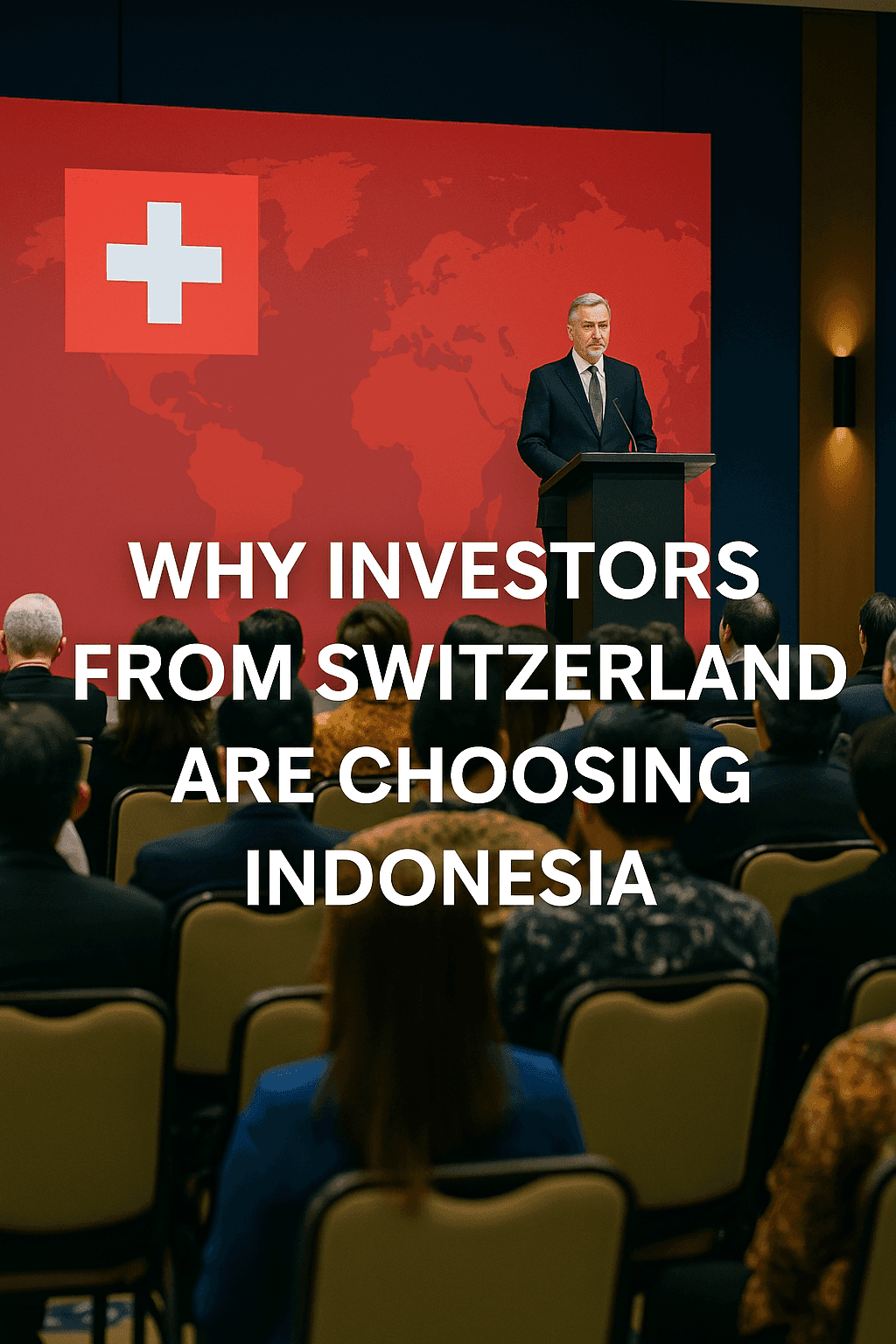 An image of a professional speaker giving a presentation at a conference, with a Swiss flag backdrop 