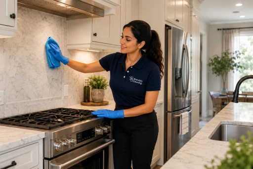 An expert kitchen cleaning service professional with Brenda's Cleaning wiping down a marble tile herringbone backsplash behind a gas stovetop. She is utilizing a blue microfiber cloth while wearing a company-branded navy polo, a matching cap, a black apron, and blue safety gloves. The scene emphasizes deep house cleaning and kitchen detailing in a bright, upscale home featuring white cabinets and stainless steel appliances.