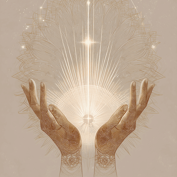 Light and energy radiating from hands, conveying energy transmission
