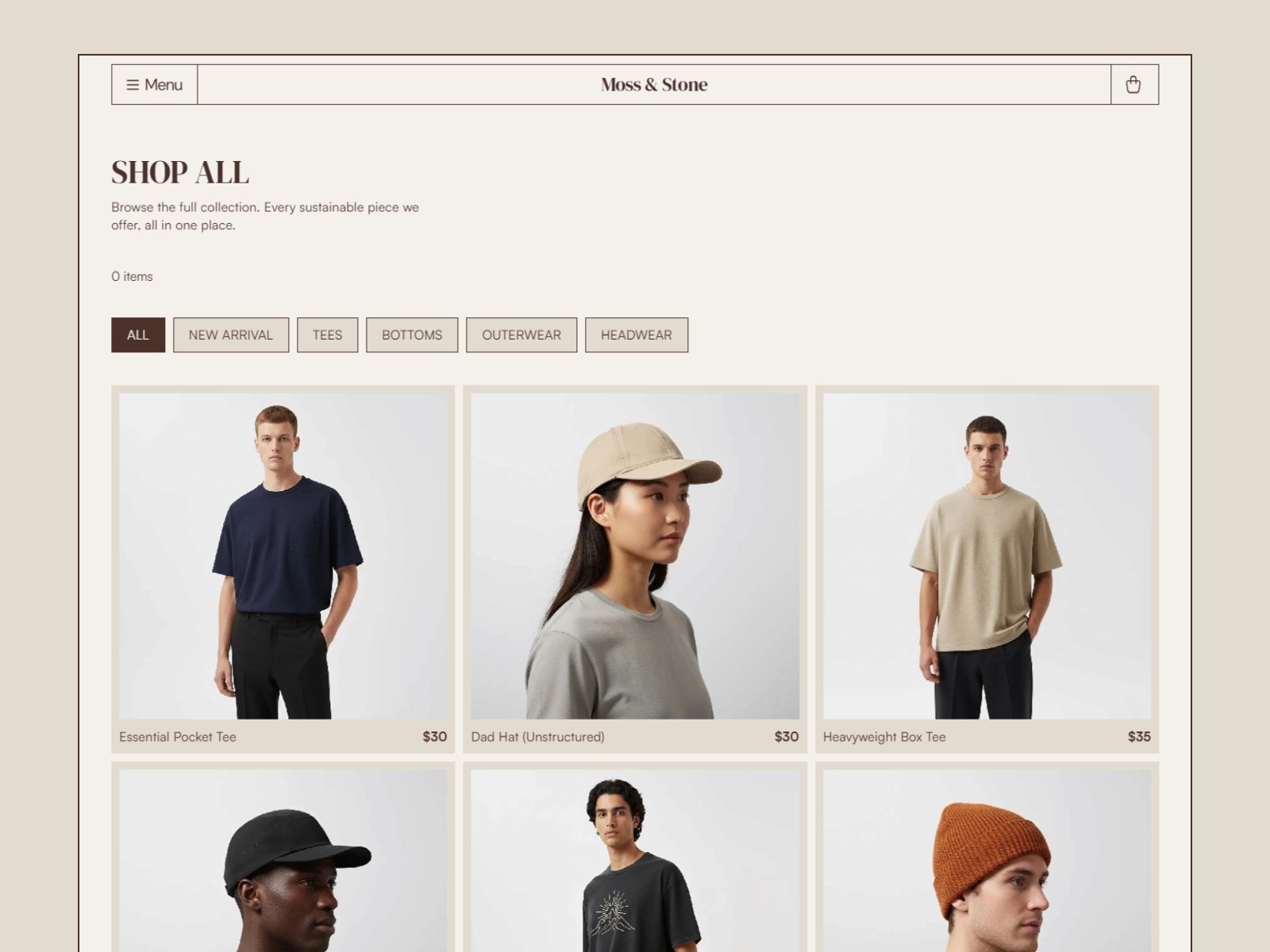 Online store displaying unisex casual clothing and hats.