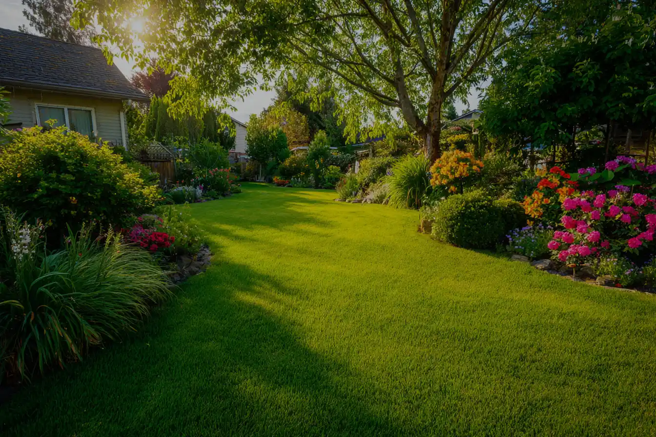 Sunlit garden with vibrant green lawn, surrounded by colorful flowers and trees. A house is partially visible, conveying a peaceful, lush atmosphere.