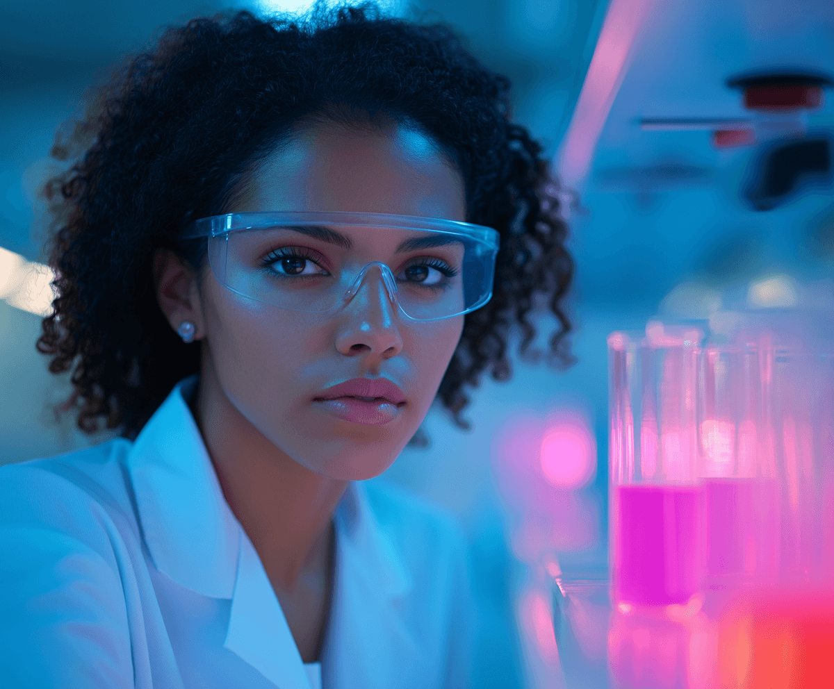 A scientist in safety goggles, surrounded by glowing test tubes with pink liquid, in a lab with a focused, determined expression.