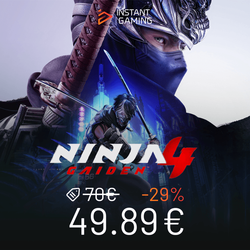 Jaquette Ninja Gaiden 4 – deux ninjas en posture de combat dans un décor urbain futuriste, ambiance action intense sur KeyVerse Gaming