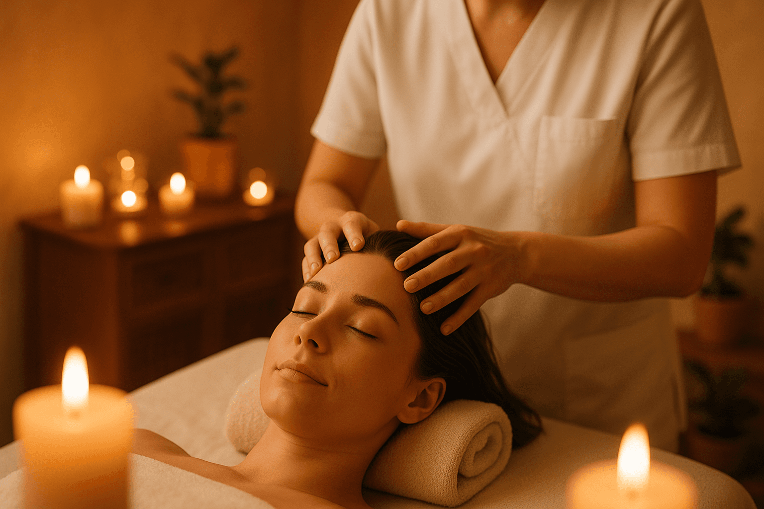 Séance de head spa Saint Denis : jeune femme allongée, yeux fermés, recevant un massage du cuir chevelu relaxant dans une ambiance tamisée aux bougies.