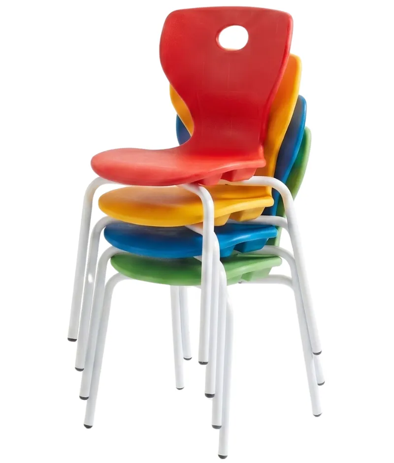 Stackable school chairs with colorful plastic seats and white metal frames