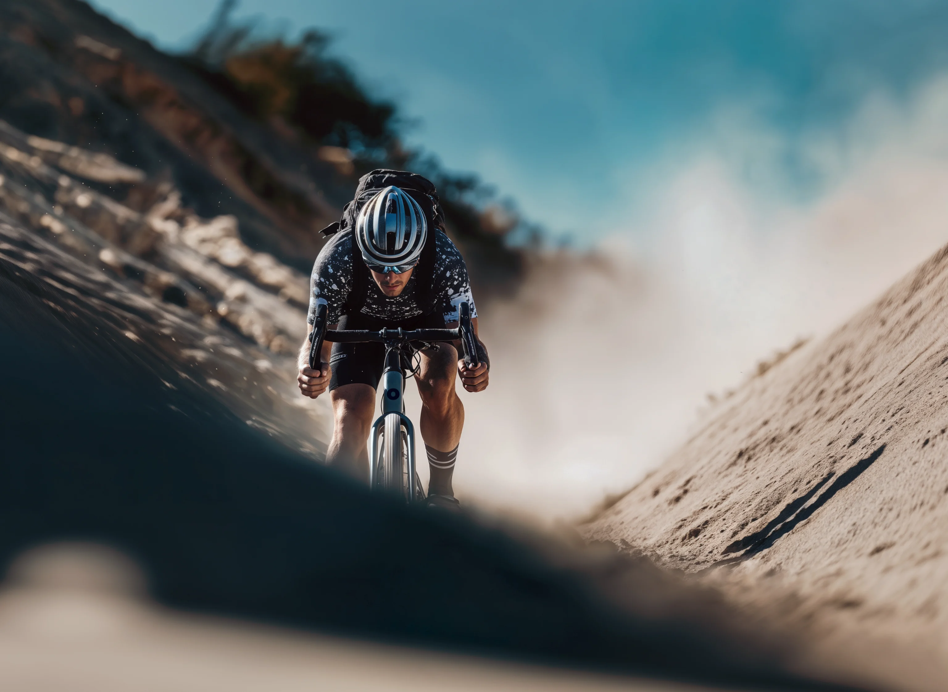 Cyclist riding uphill on a sandy trail in a desert environment