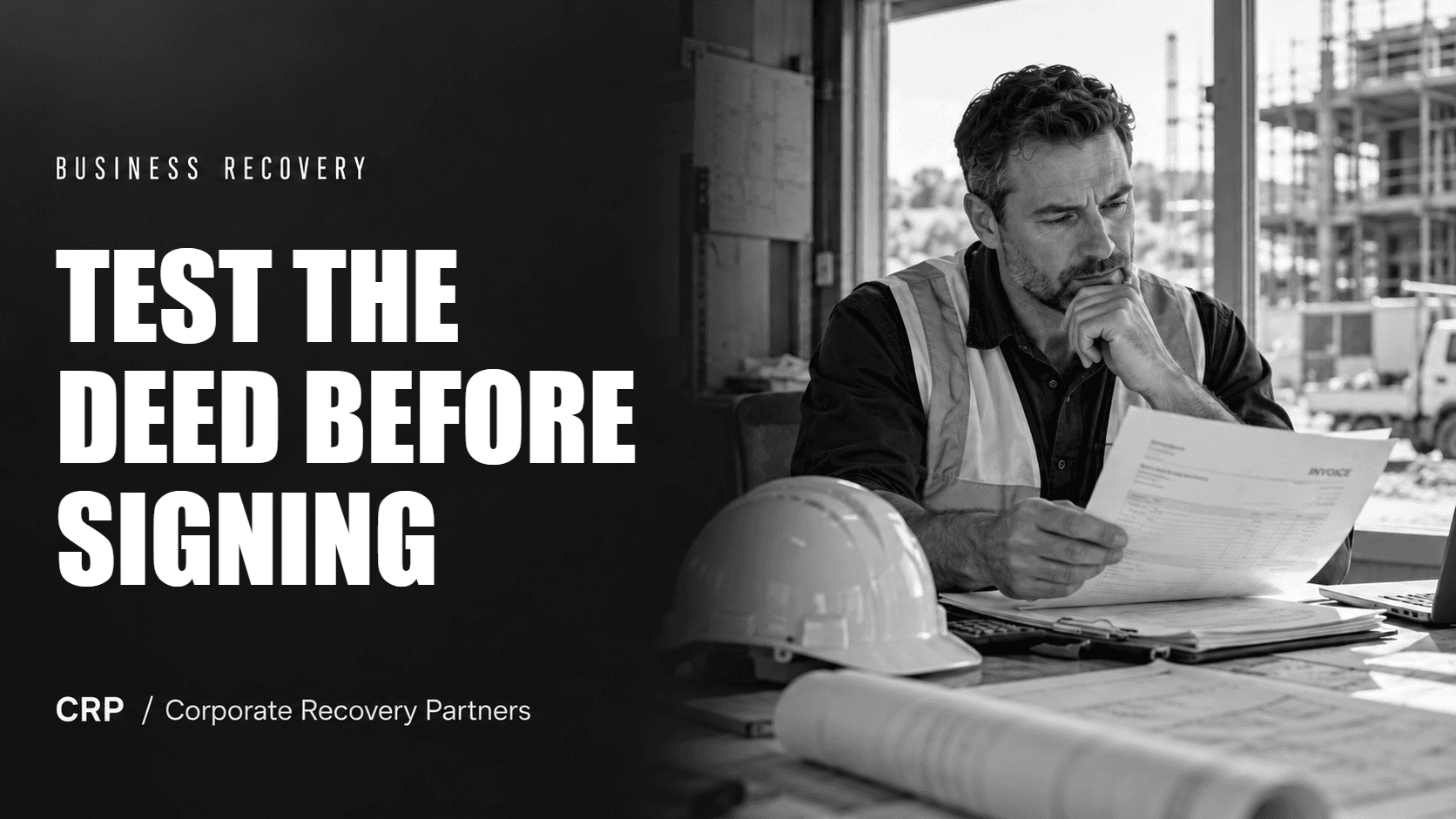 Construction worker considering business paperwork, with the headline Test the deed before signing
