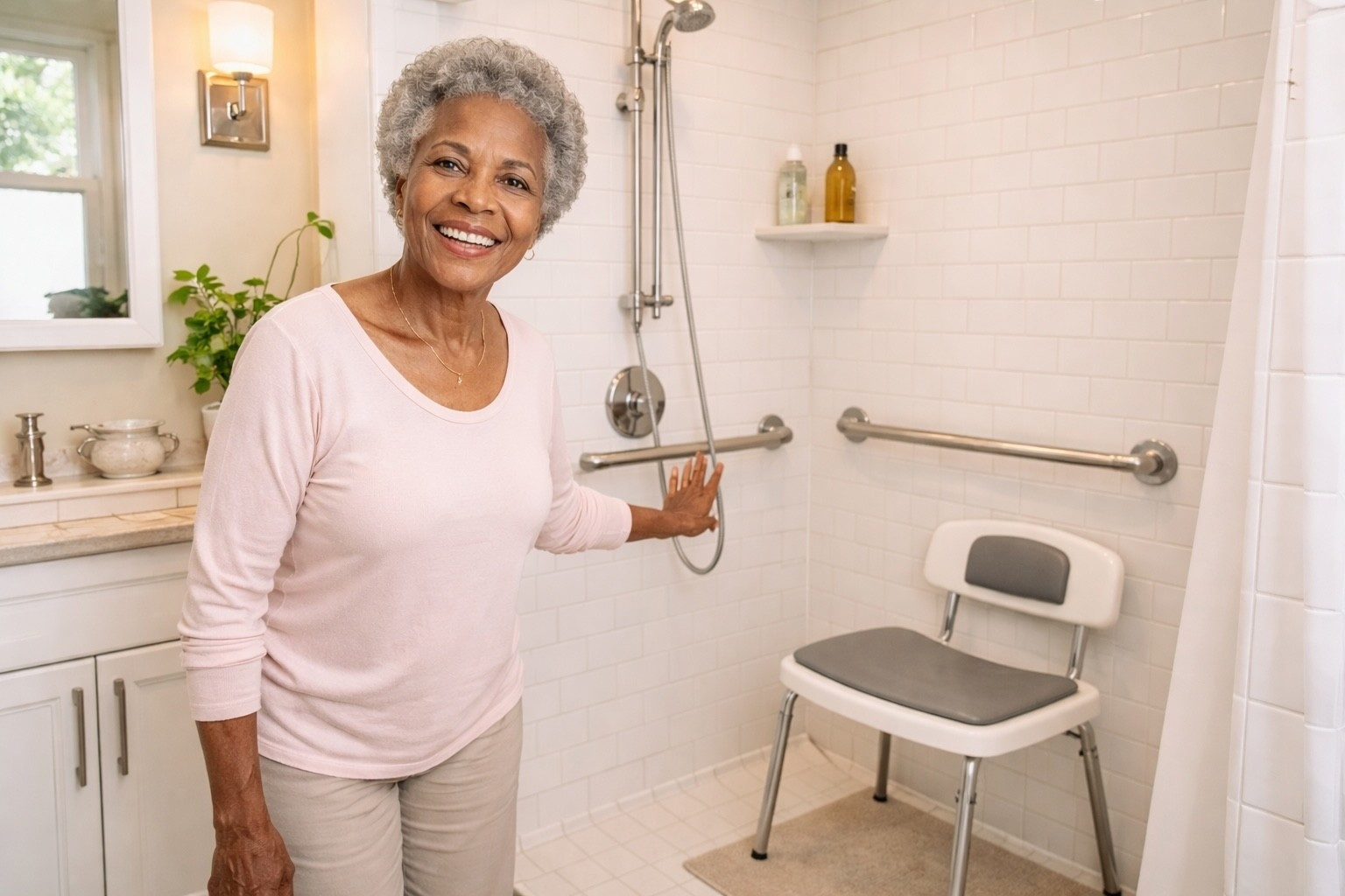 Elderly woman excited to share her updated ADA bathroom