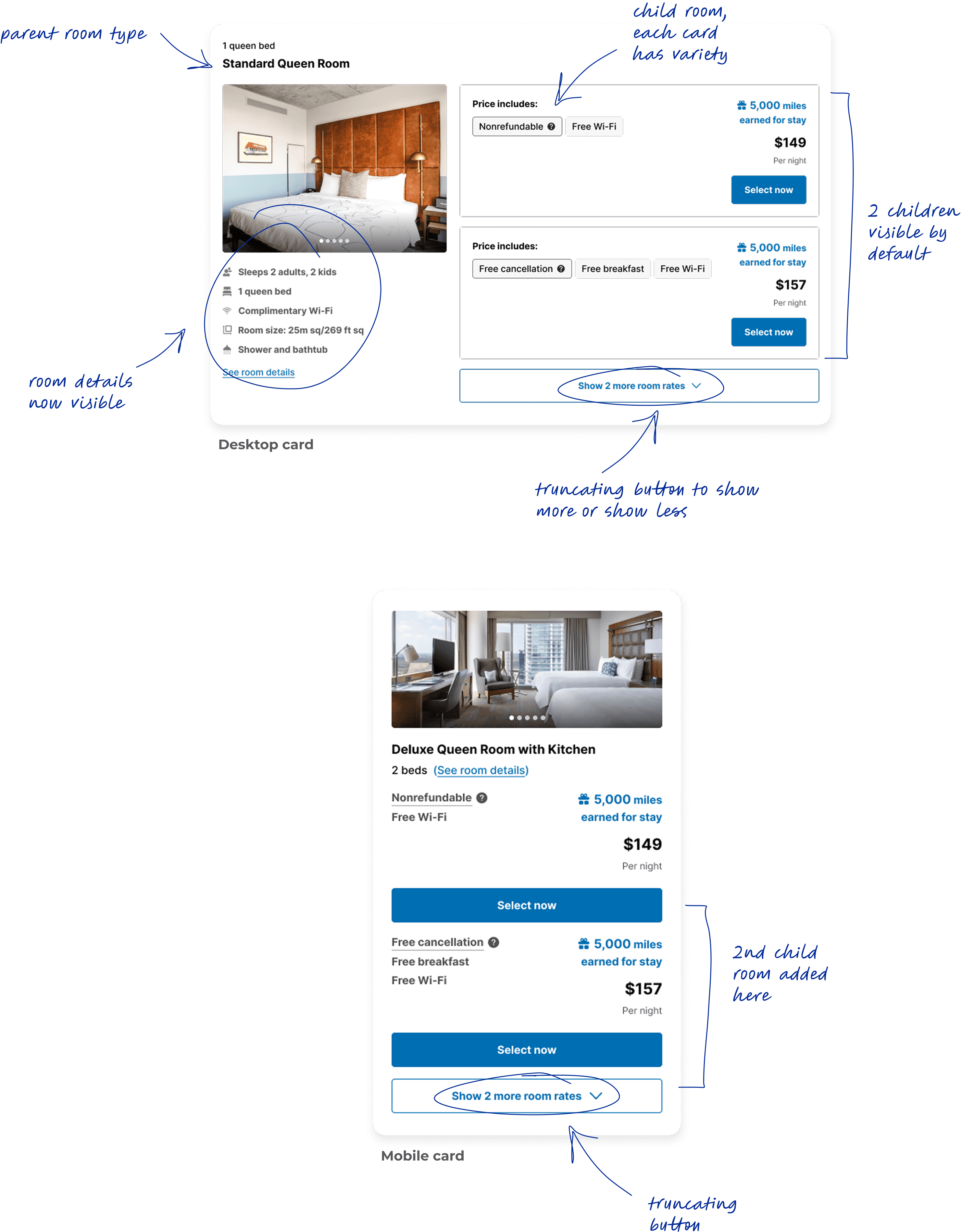 An image of both the desktop and mobile iterations lined with handwritten annotations of the new enhancements and improvements in the experience.