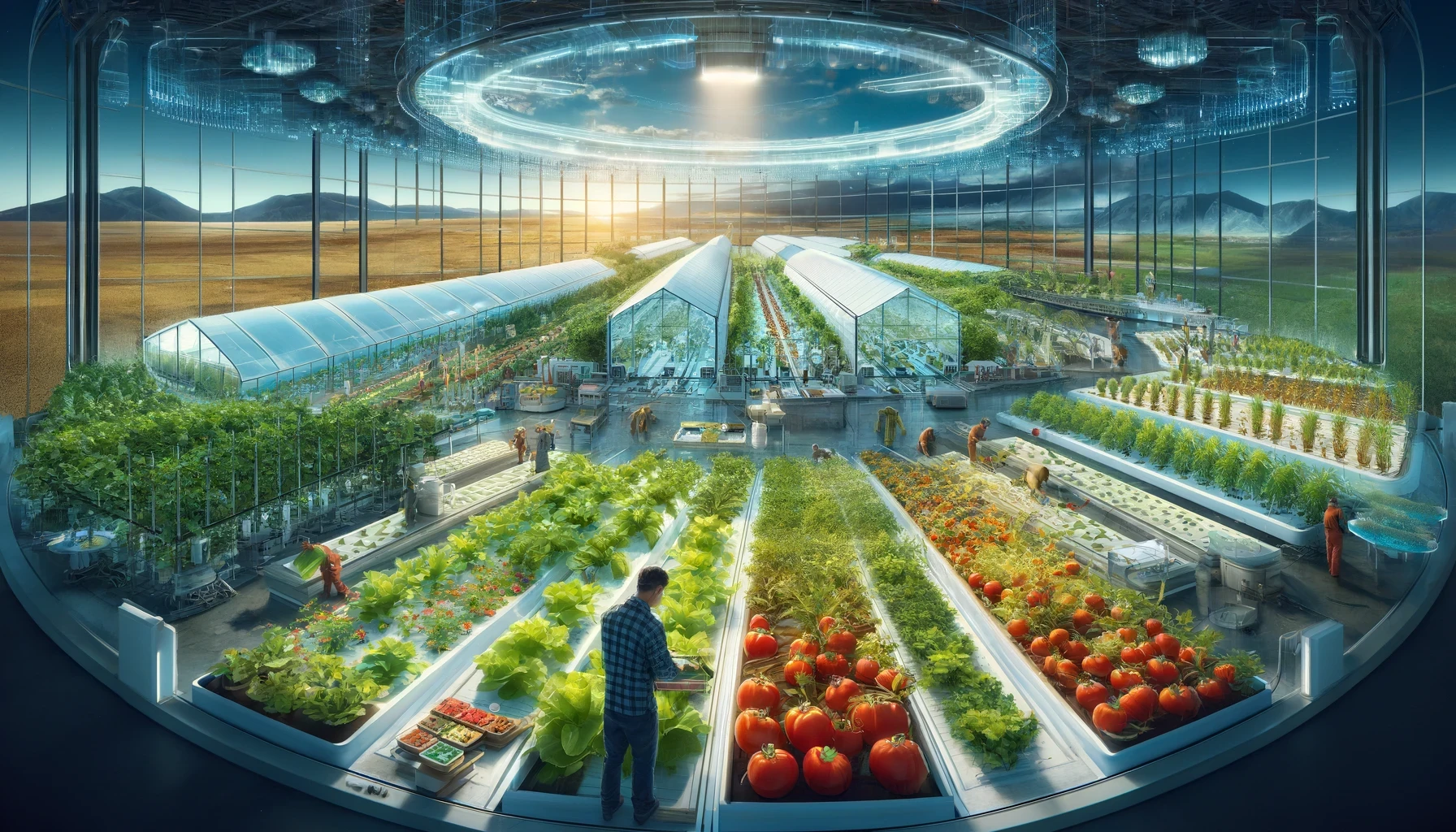 The image depicts a futuristic indoor farming facility with advanced agricultural technology. Key elements of the image include:  High-Tech Structure: The facility is enclosed in a large, transparent dome, providing a controlled environment for growing plants. The dome is equipped with advanced lighting and irrigation systems, indicated by the intricate structures hanging from the ceiling.  Greenhouses: Several greenhouses are aligned in rows, each filled with a variety of plants. These greenhouses use advanced hydroponic or aeroponic systems, as seen from the layout and the absence of traditional soil farming.  Diverse Crops: The facility grows a wide range of crops, including leafy greens, tomatoes, and other vegetables. The plants are healthy and thriving, showing the effectiveness of the controlled environment.  Automated Systems: The presence of robots and automated machinery suggests that much of the farming process is mechanized. This includes planting, tending, and harvesting crops, highlighting the use of robotics in modern agriculture.  Human Workers: Despite the automation, there are several human workers in the facility, overseeing the processes, managing the crops, and ensuring everything runs smoothly.  Natural and Artificial Lighting: The facility benefits from a combination of natural light coming through the transparent dome and artificial lighting from the high-tech systems above, ensuring optimal light conditions for plant growth.  Surrounding Landscape: Outside the dome, the landscape is barren and desolate, possibly indicating the harsh external environment that makes such an indoor farming solution necessary.  Futuristic Aesthetics: The overall design is sleek and modern, with clean lines and a high-tech feel, emphasizing the futuristic approach to agriculture and food production.  This image portrays a vision of sustainable, high-tech agriculture capable of producing food in otherwise inhospitable environments.