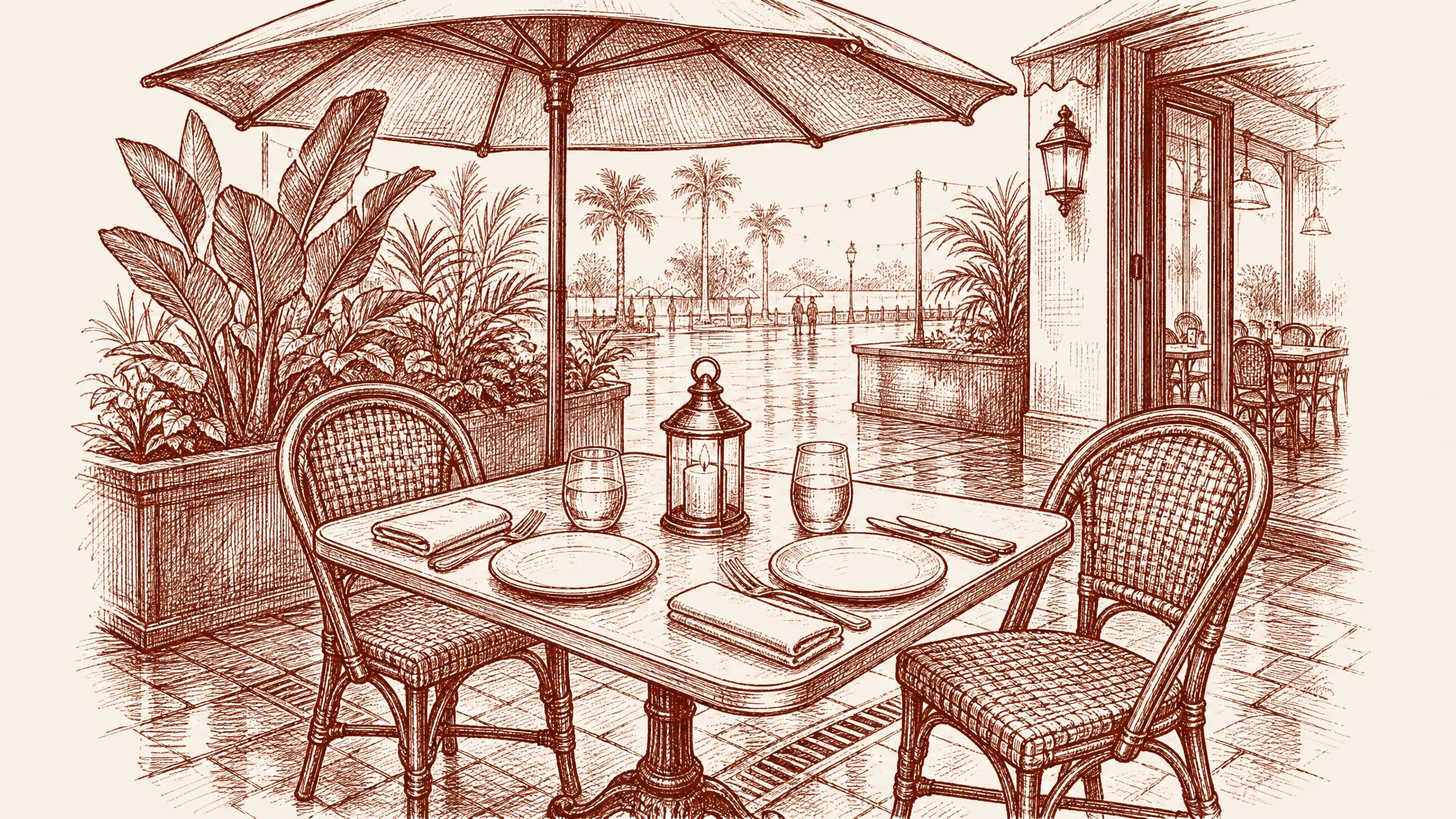 A single patio table prepared for changing Tampa weather, with two woven chairs, outdoor restaurant tampa