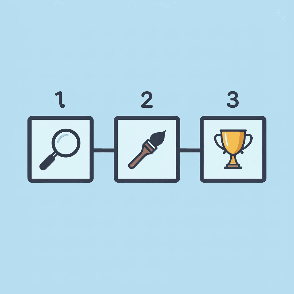 Three-step process showing design exploration, customization, and celebration