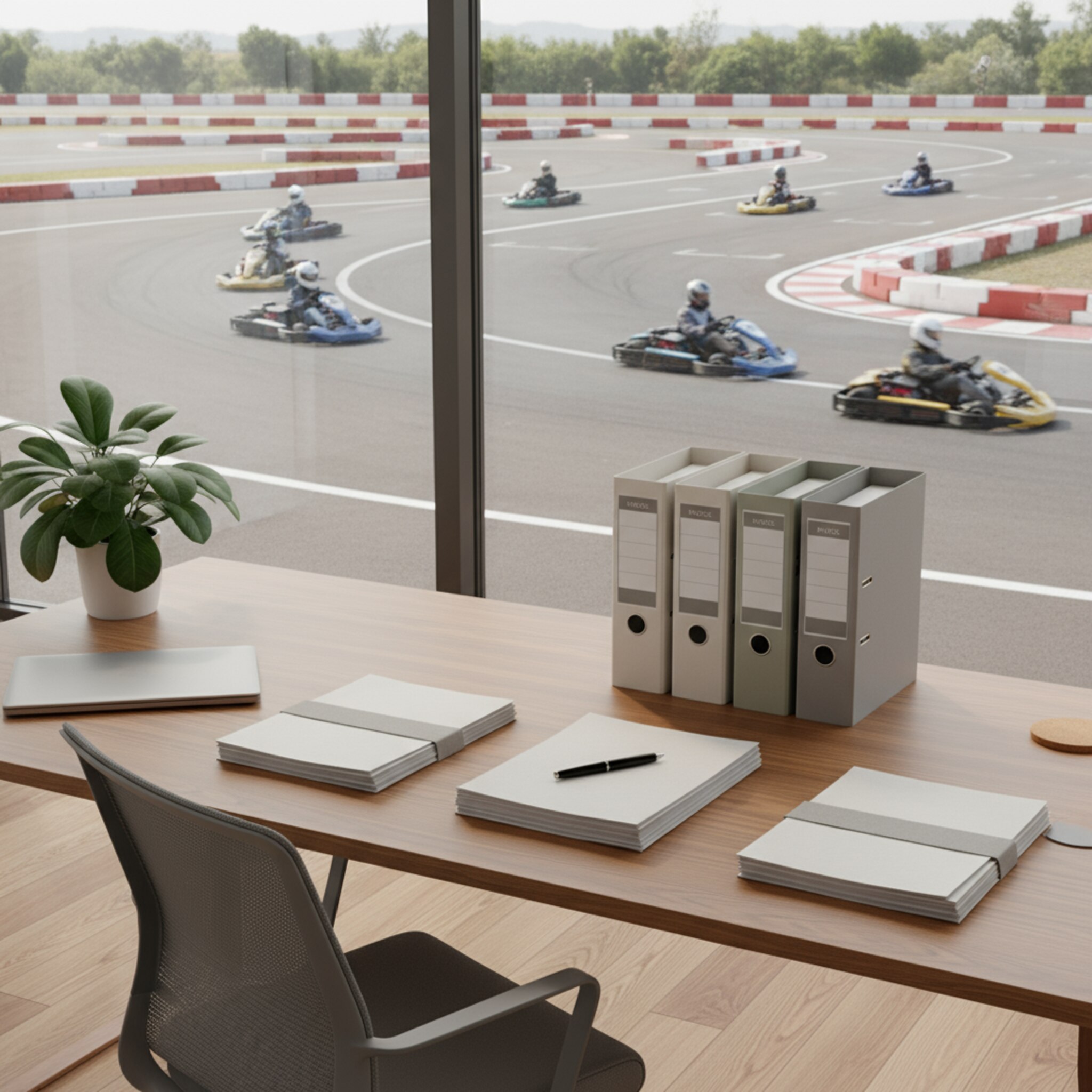 Ein ruhiger Büroraum mit Blick auf die Strecke: Auf dem Schreibtisch liegen ordentlich gestapelte Angebote und Rechnungsordner, ein Kugelschreiber liegt quer. Draußen ziehen Karts in gleichmäßigen Abständen vorbei. Die Atmosphäre ist konzentriert und geordnet.