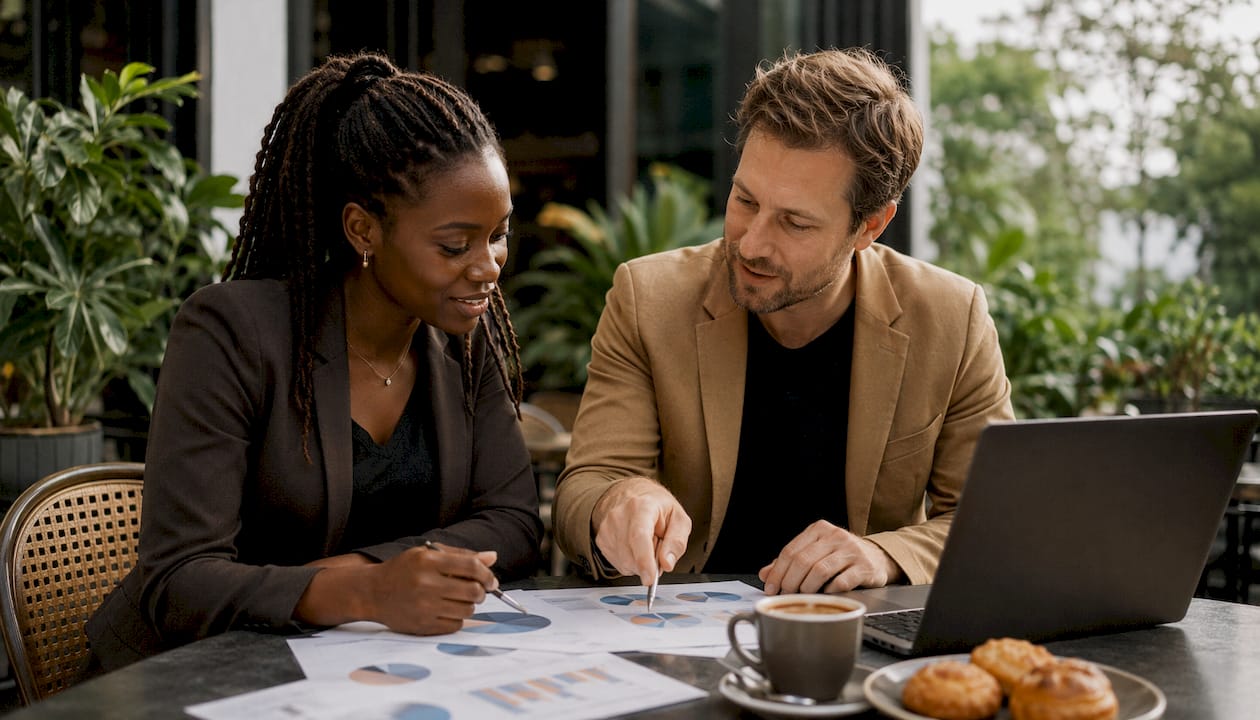 Hands typing on laptop amid marketing data sheets