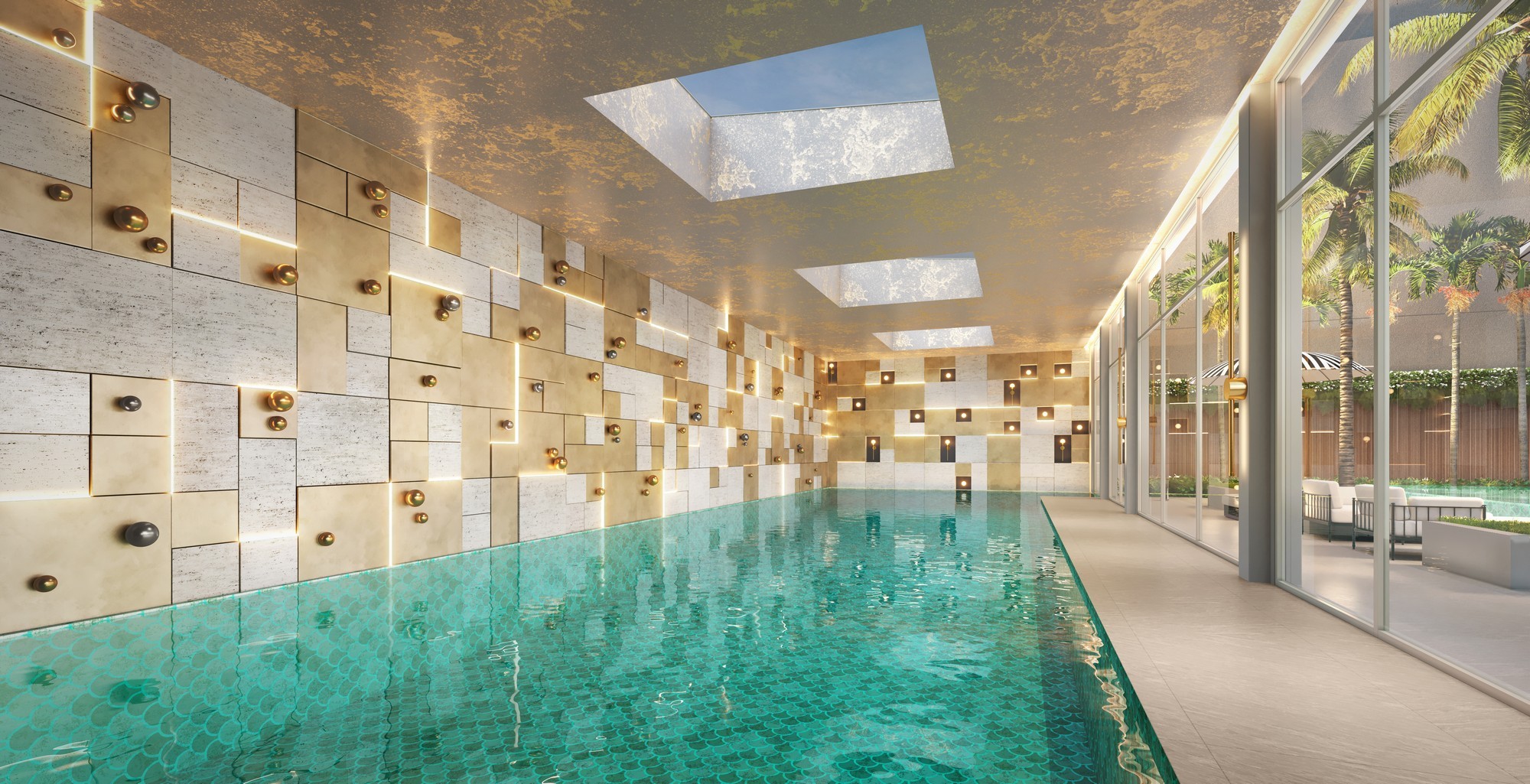 Curved modern skyscraper against a clear blue sky.