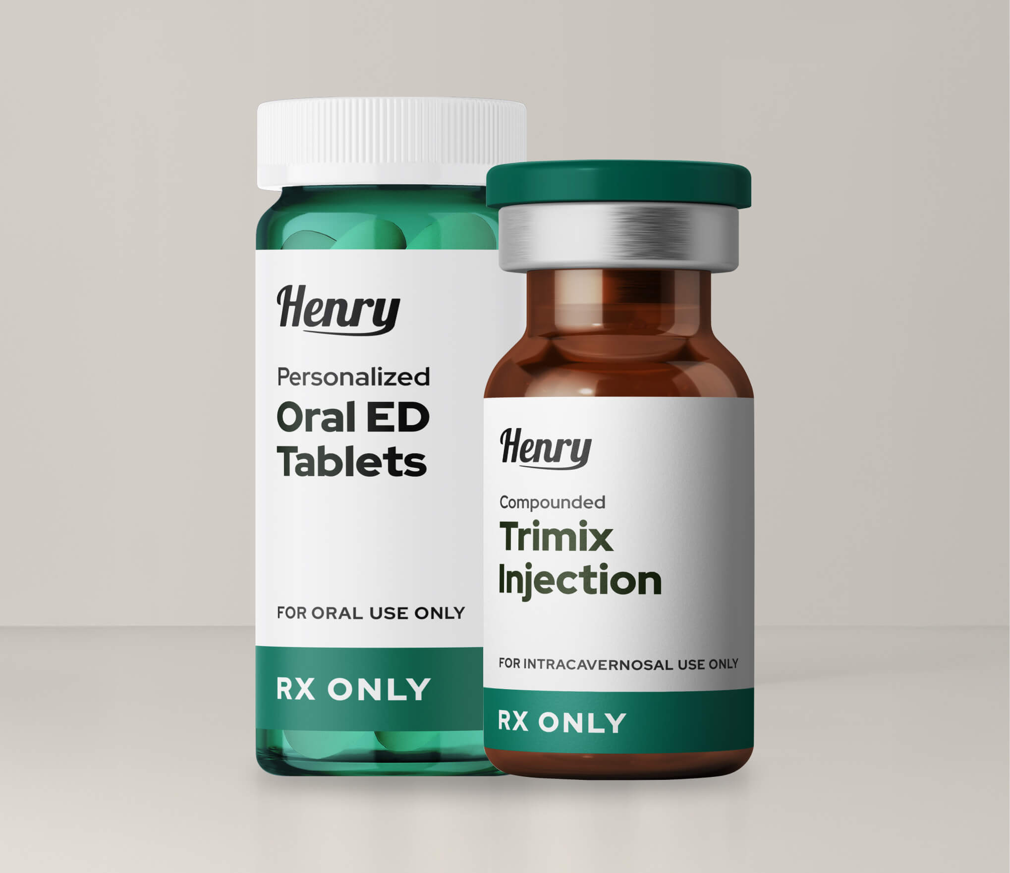 A bottle of oral ED tablets along with a vial of Trimix ED injectable.