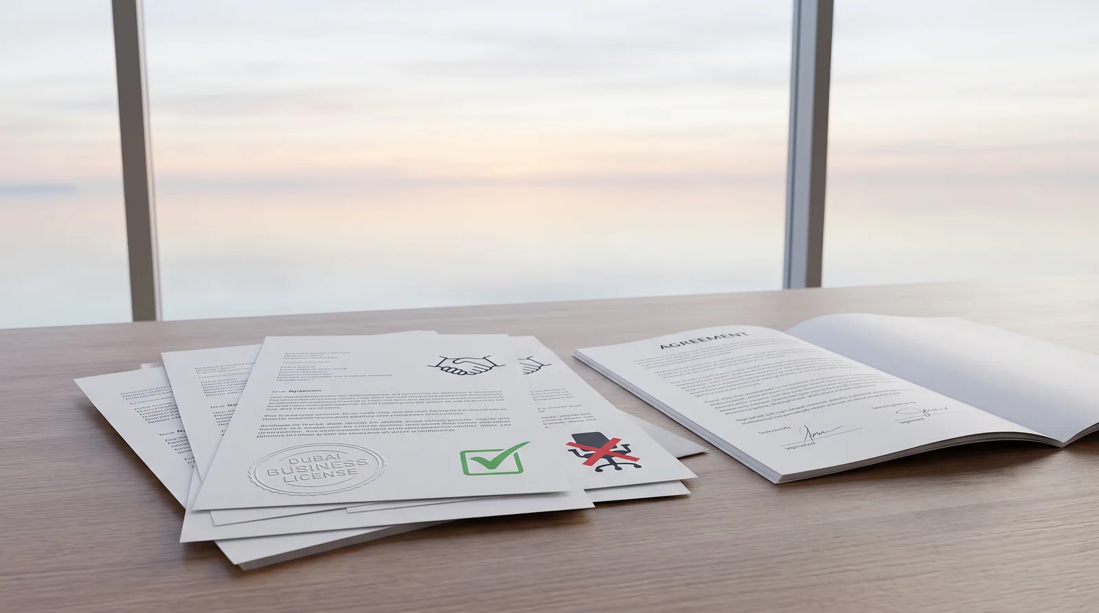Dubai business license scope document on desk with trade license