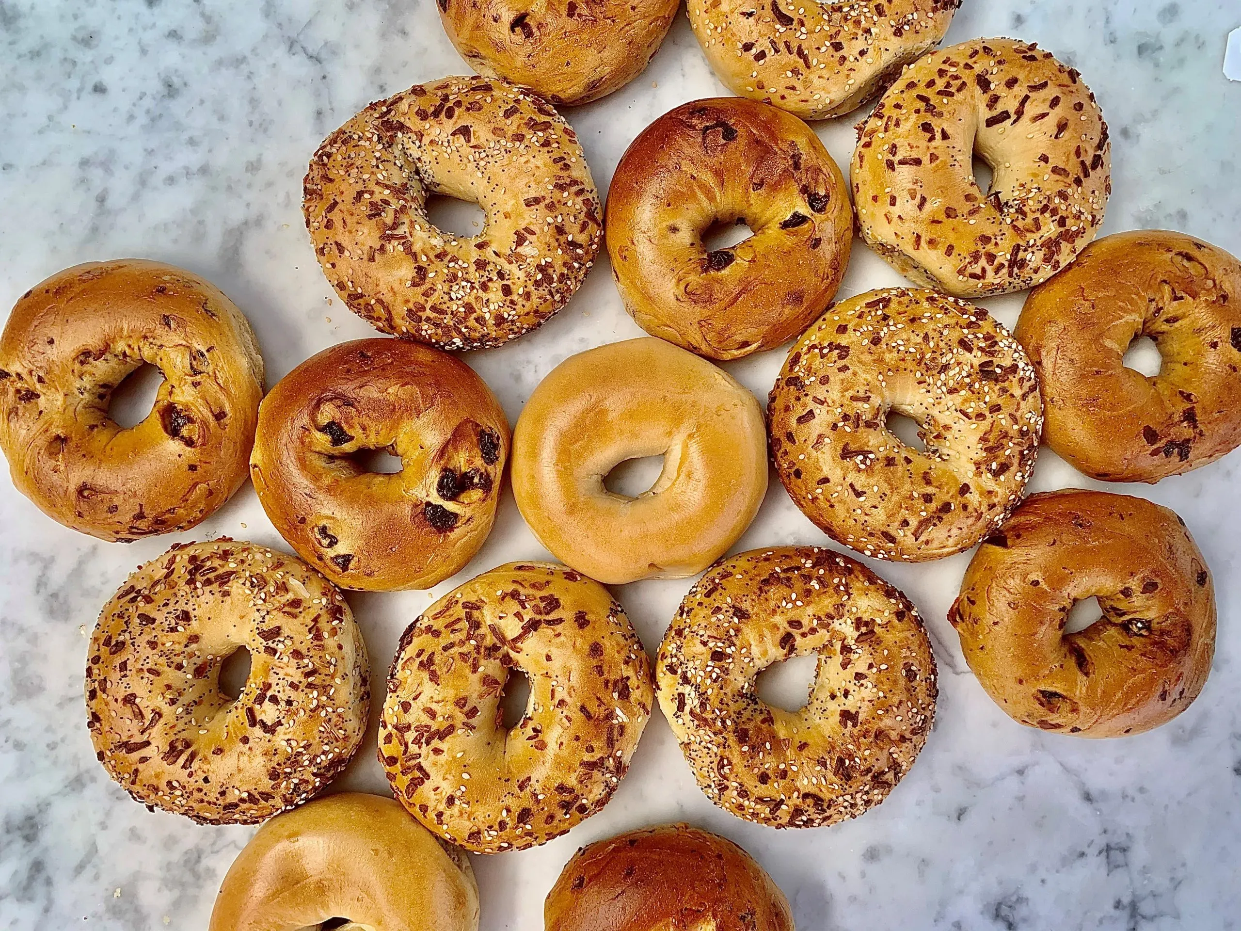 A variety of fresh baked bagels- including cinnamon raisin, plain and asiago