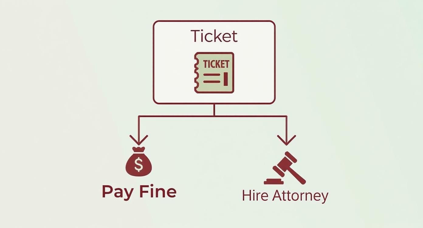 Flowchart showing traffic ticket options: pay fine or hire attorney for legal representation