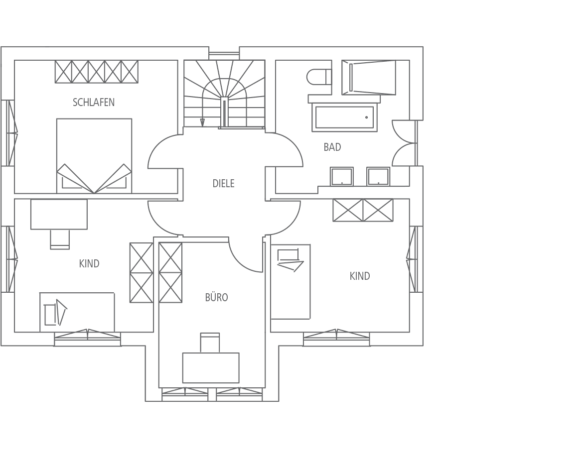 Grundriss einer Wohnung mit Schlafzimmer, zwei Kinderzimmern, Büro, Diele und Bad.
